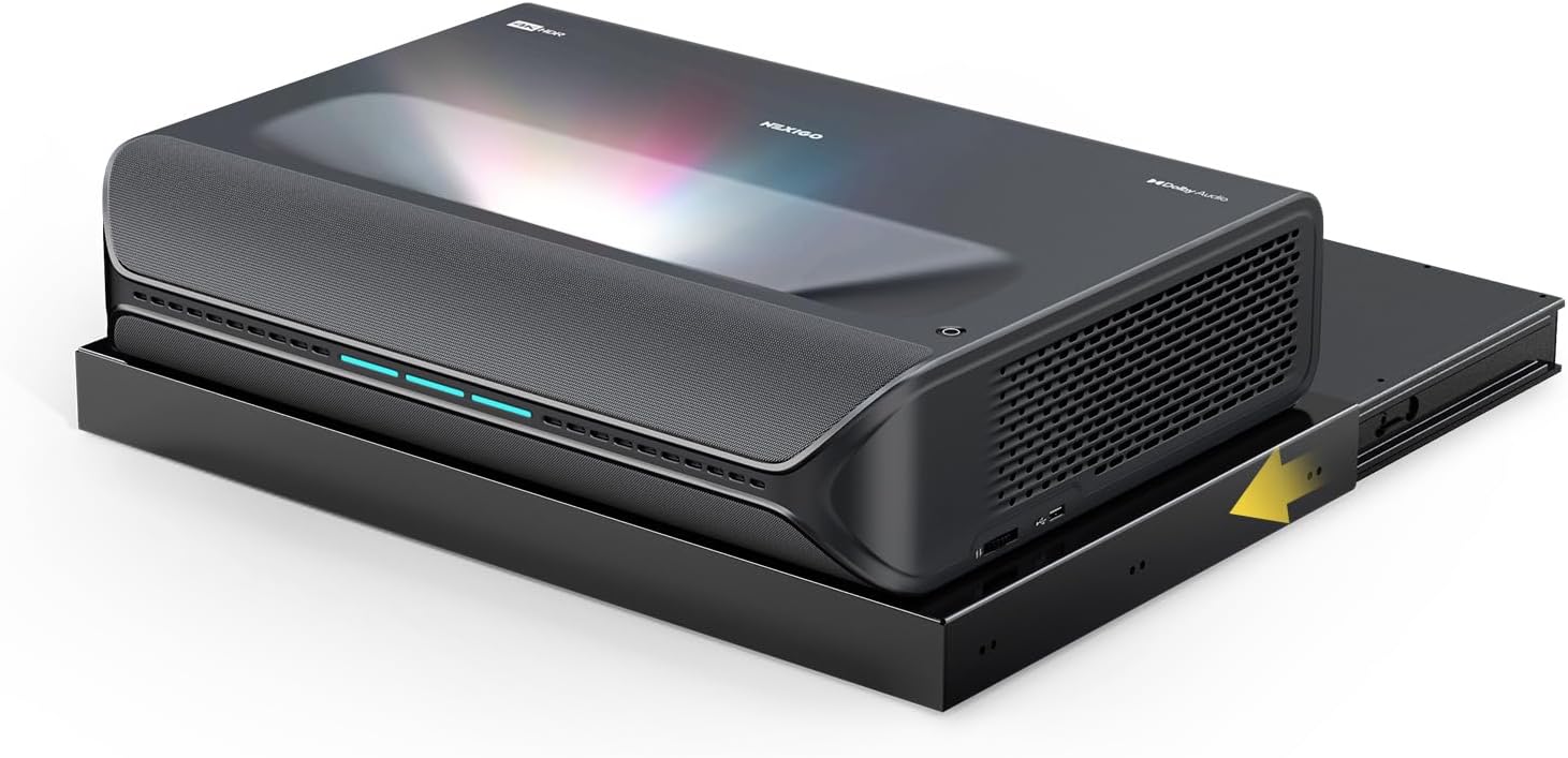 NexiGo Aurora Pro MKII with Official AS200 Motorized Sliding Tray, 4K Tri-Color Laser UST Projector, Dynamic Iris & Laser Dimming, 0.21:1 Throw Ratio, Dolby Vision & Atmos, HDR10+