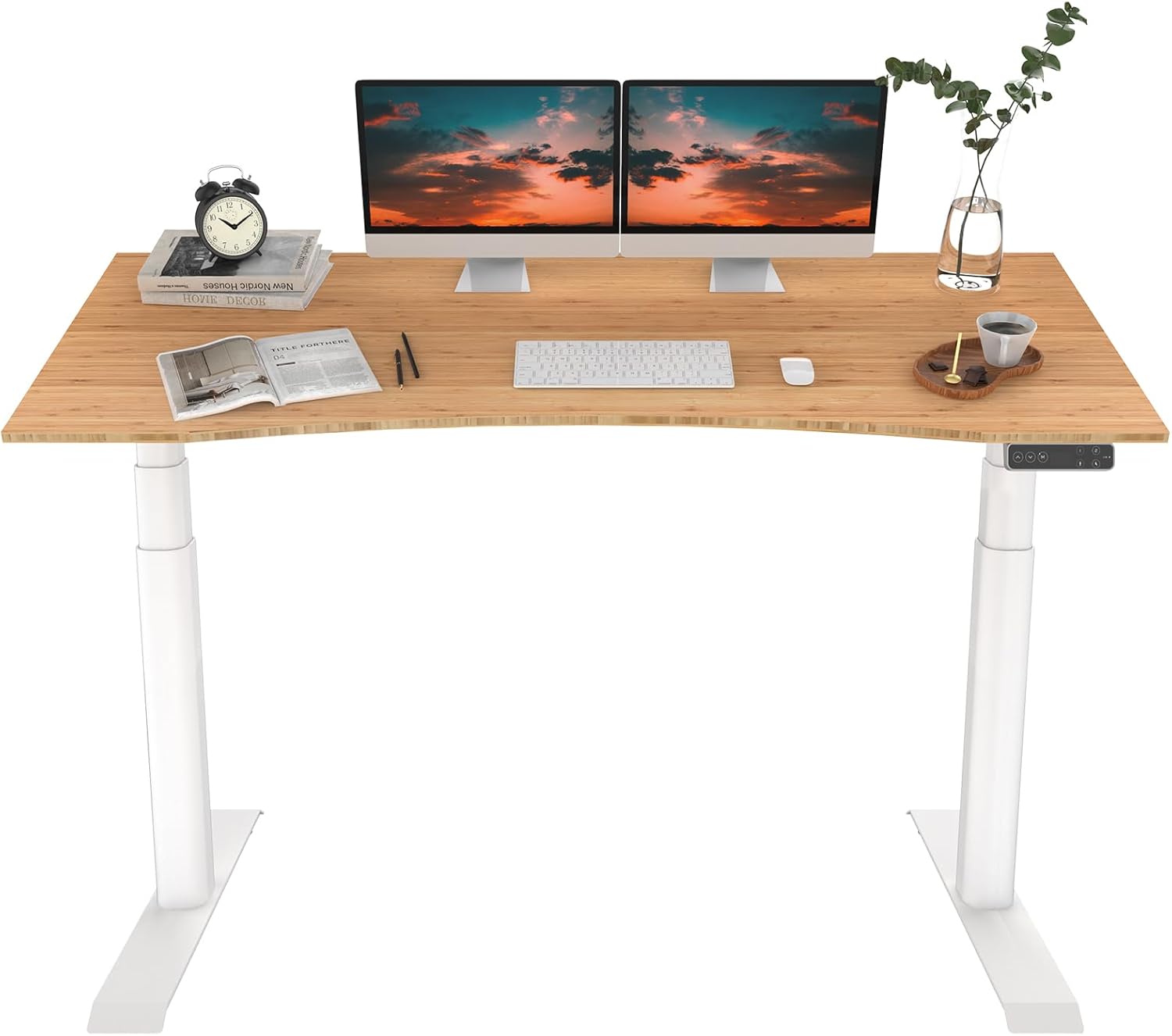FLEXISPOT E6 Pro Oval Leg Dual Motor 3 Stages Bamboo Electric Standing Desk 72x30 Inch Whole-Piece Board Height Adjustable Electric Sit Stand Up Desk (White Frame + Bamboo Curved Desktop)