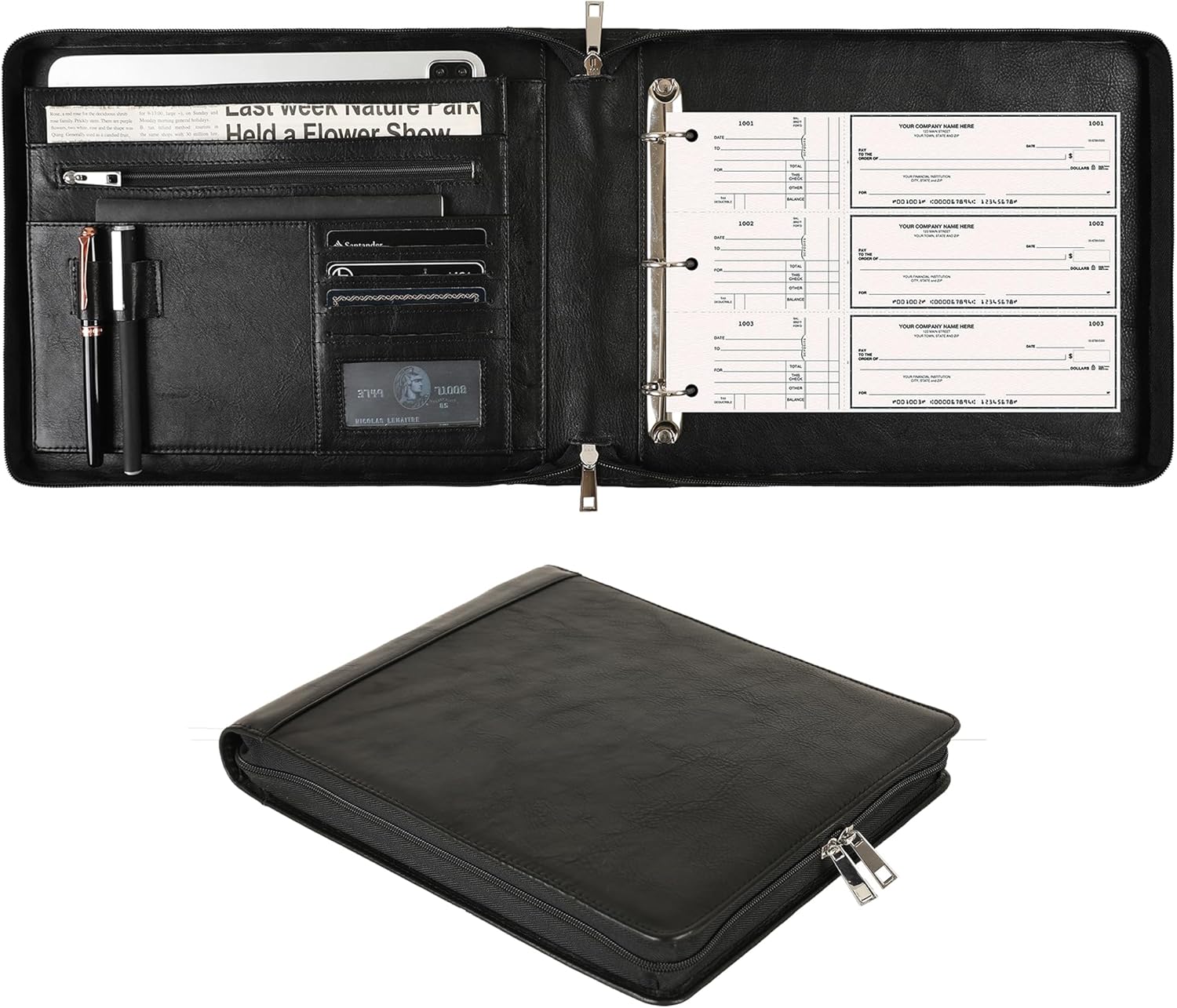 Personalized 3 Ring Check Binder, Engraved Business Checkbook Holder, Zippered for 3 & 9 Holes Checks, 3 on a Page, Oil Black - Custom