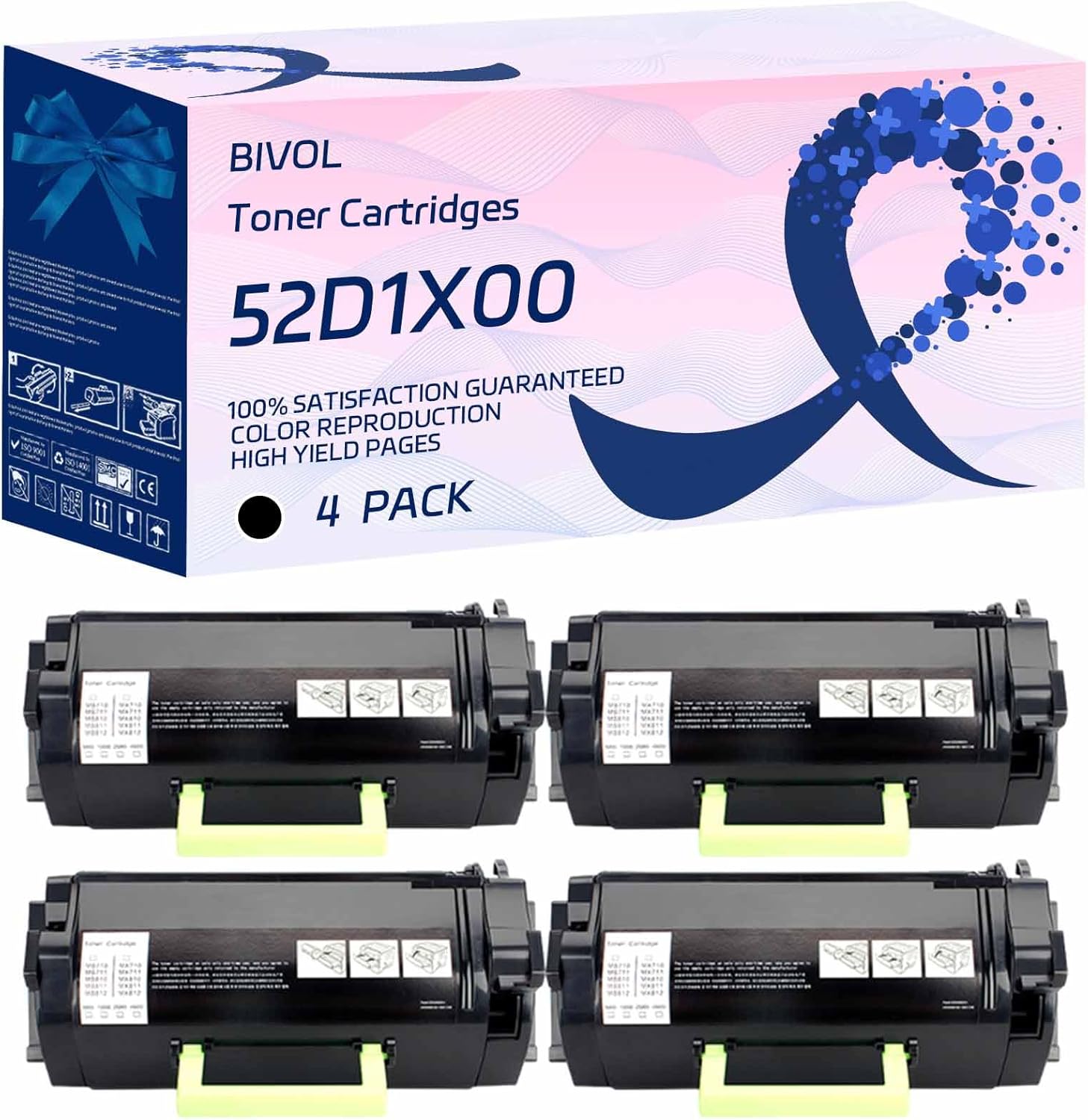 BIVOL 52D1X00 Toner Cartridges Compatible for Lexmark MS711dn MS811dn MS811dtn MS811n MS812de MS812dn MS812dtn Printers, High Yield 46000 Pages (4 Pack Black)