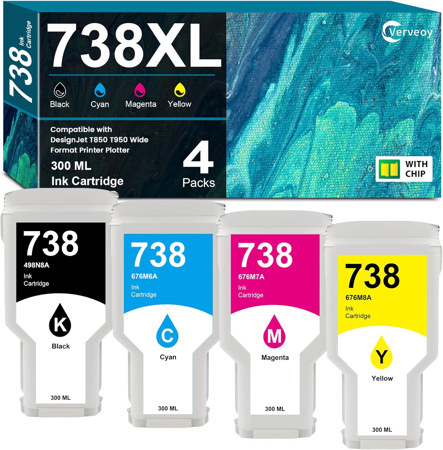 738 738XL Ink Cartridge 4-Pack with Chip Replacement for HP 738 Ink 498N8A 676M6A 676M7A 676M8A DesignJet T850 Ink - 300ML for DesignJet T850 T950 Wide Format Printer Plotters (4-Pack, BK/C/M/Y)
