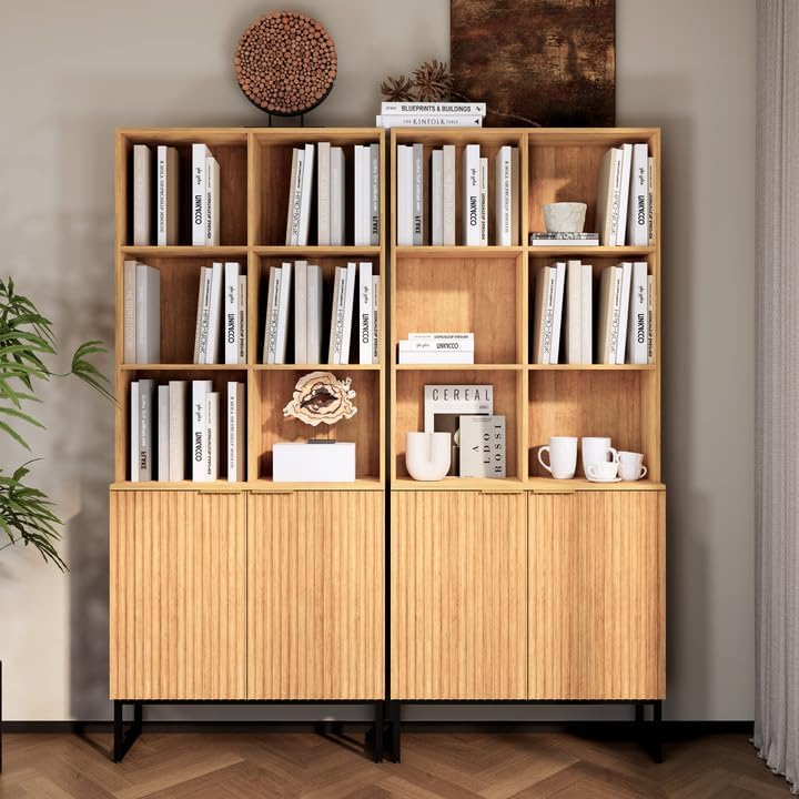 NewBeth Bookcase with Cabinet,6 Cube Book Case with Adjustable Shelves,Fluted Bookshelf for Home Office,Living Room,Library,Oak(2, 6-Cube)