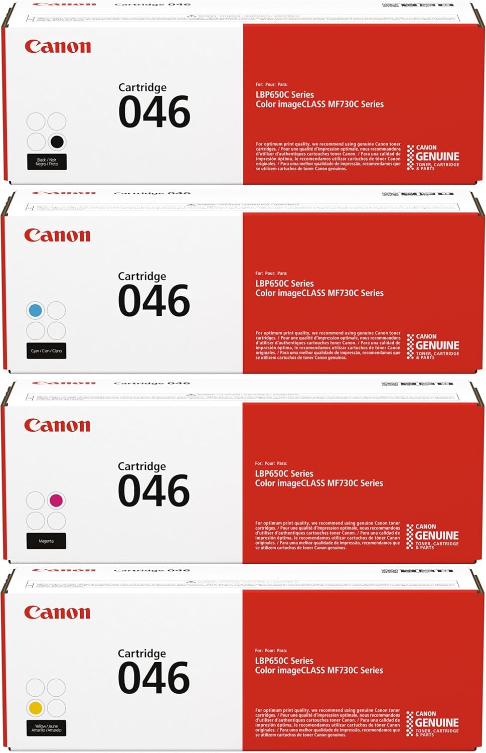 Canon 046 Capacity Laser Toner Cartridge Bundle (Yellow, Magenta, Cyan, Black) in Retail Packaging
