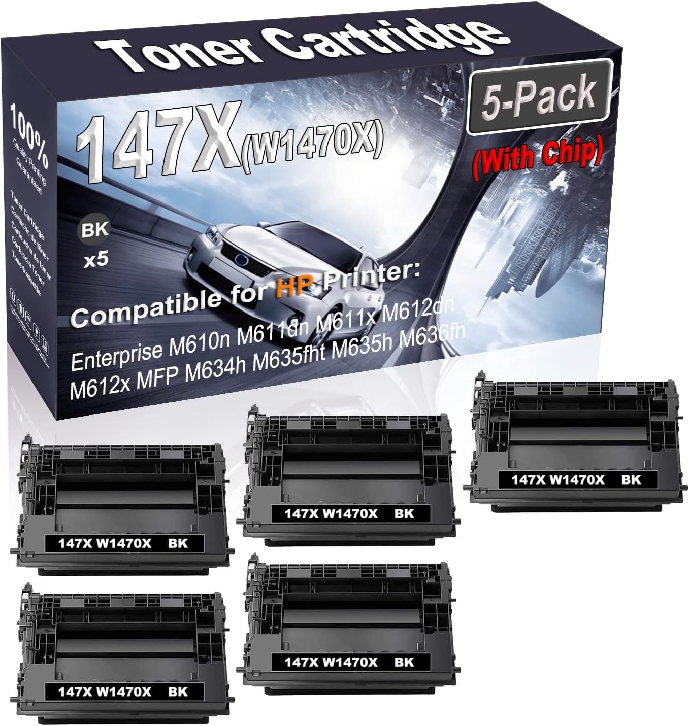 5-Pack (Black) Compatible High Yield 147X W1470X (with Chip) Printer Cartridge use for HP Enterprise M610n M611dn M611x M612dn M612x Printer