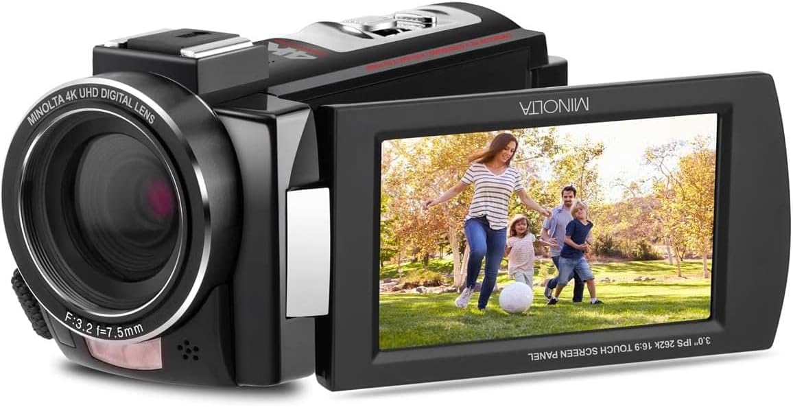 Minolta Camcorder - 4K Ultra HD, 30MP Photos, Night Vision with IR LEDs, 16X Zoom, Time-Lapse, Anti-Shake, 3