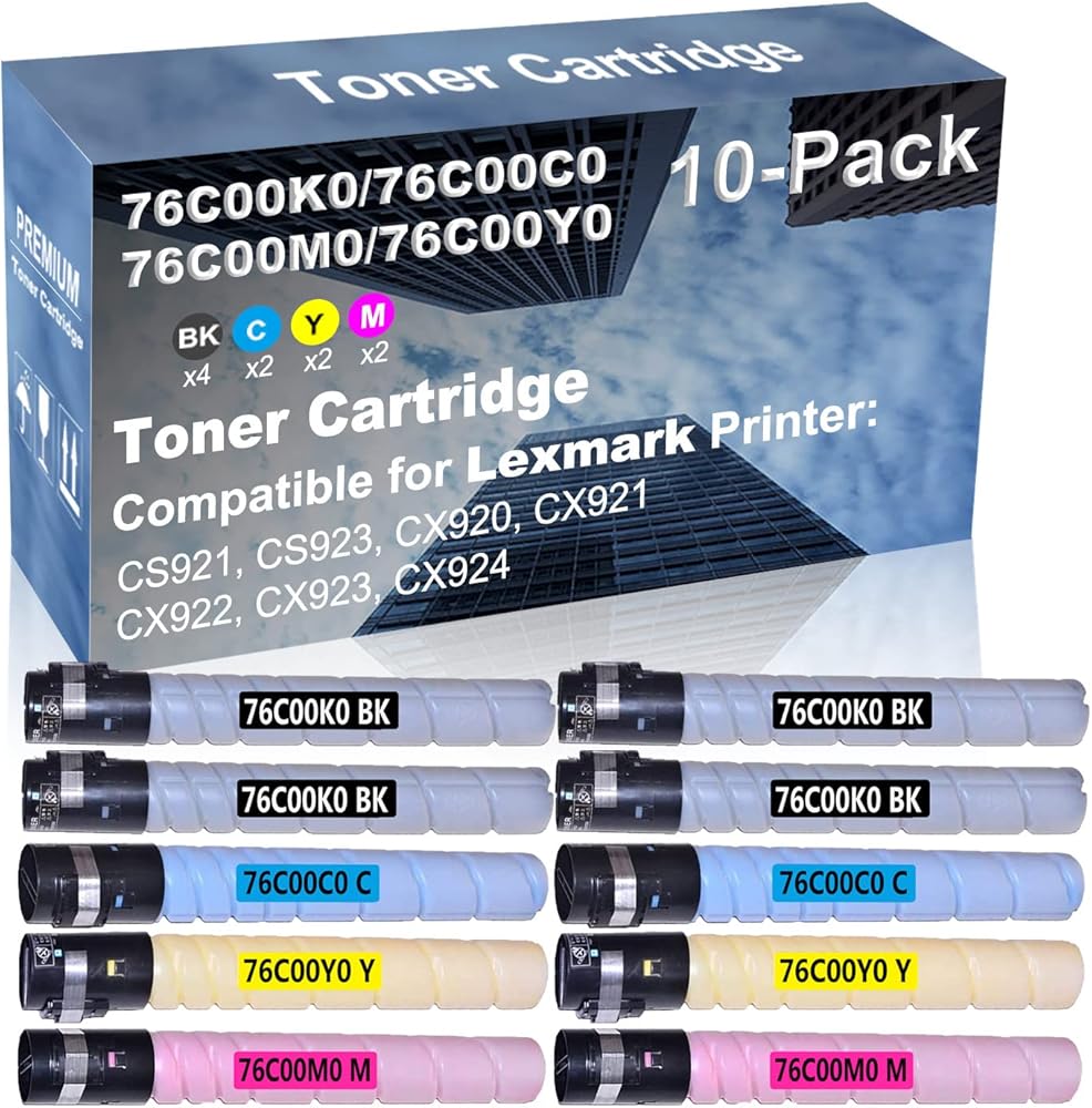 10-Pack (4BK+2C+2Y+2M) Compatible High Yield 76C00K0+ 76C00C0+ 76C00Y0+ 76C00M0 Laser Printer Toner Cartridge Used for CX923, CX924 Printer