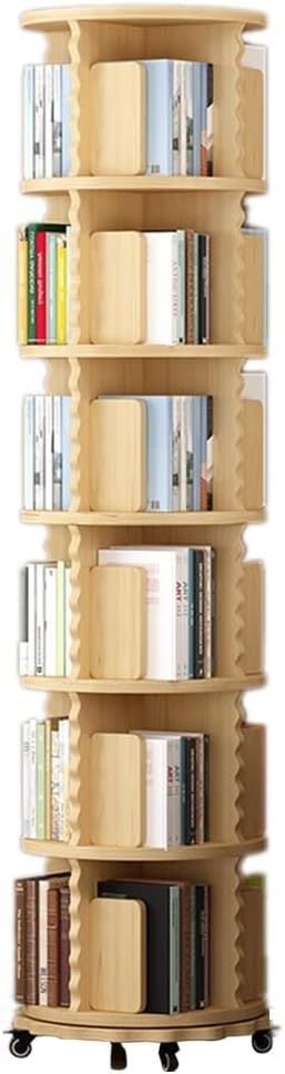bookcases Rotating Bookshelf Solid Wood Floor Rack Home Bookcase with Wheels Lace 2/3/4/5/6 Layers (Color : Wood, Size : 6 Layers (50.5 * 196.5cm))