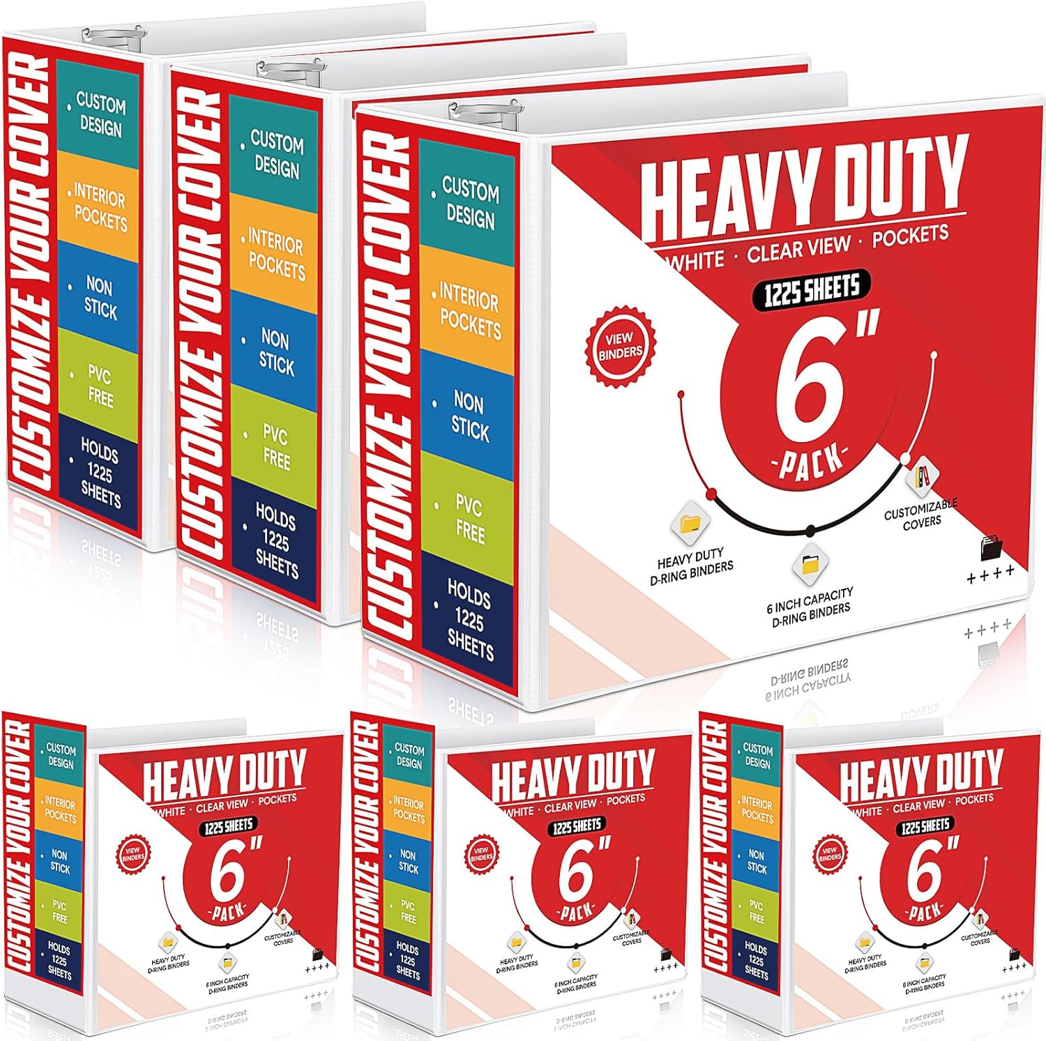 Sinload 6 Pcs 3 Ring Binder, 6 Inch Large Capacity 3 Slant D Ring Binders with Pockets, 8.5