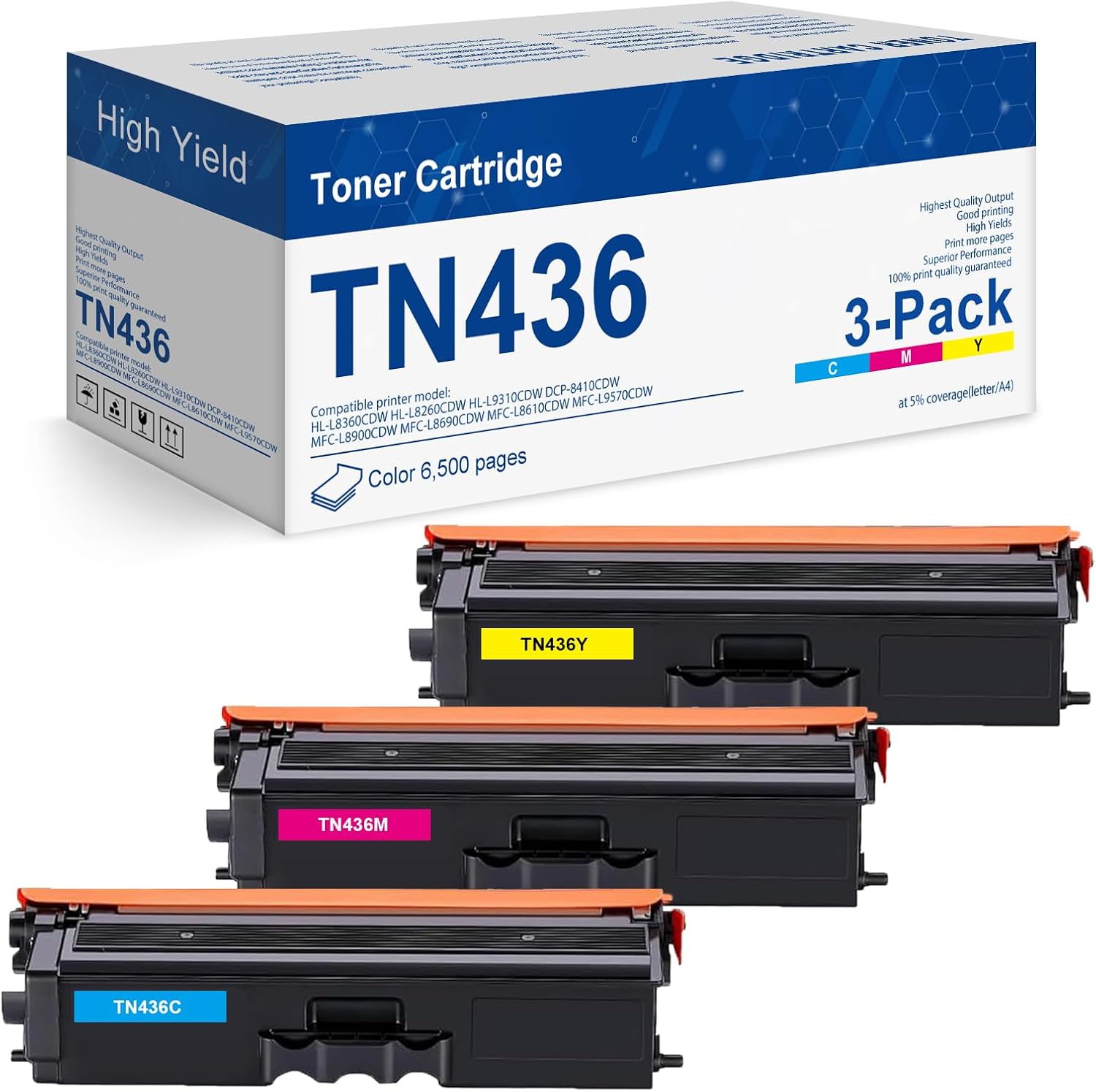 TN436 High Yield Toner Replacement for Brother TN436 TN-436 TN 436 Toner for HL-L8260CDW HL-L8360CDW MFC-L8610CDW MFC-L8690CDW Printer(TN436C TN436M TN436, 3-Pack)