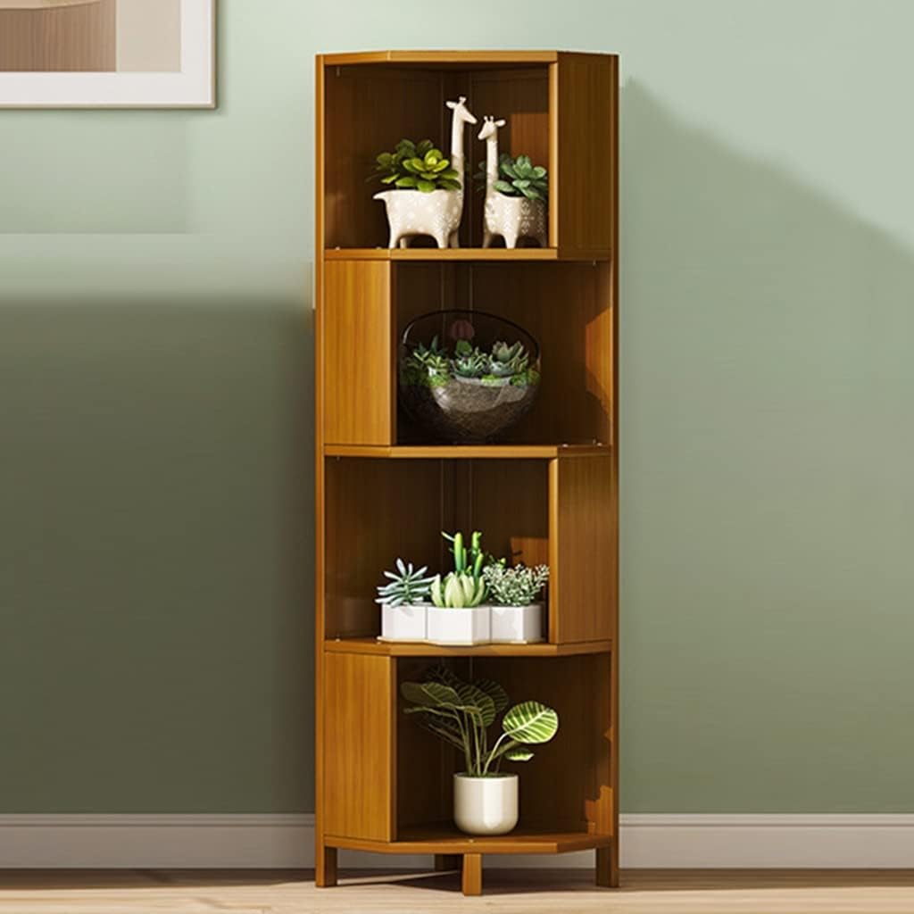 JIQHOHX Floor Standing Bookcase, 3/4/5-Tier Modern Storage Cabinet with Anti-Drop Baffle Shelves, Top Storage Space High Display Shelf, Corner Cabinet for Home, Office (Brown 4 Layers)