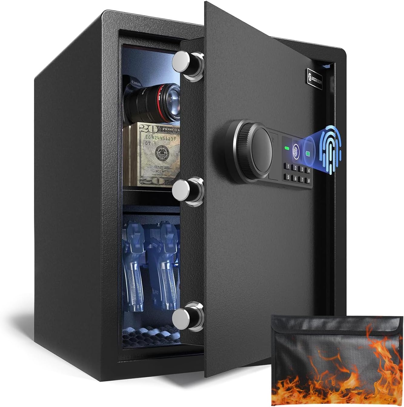 XDeer Biometric Safe Box with Fireproof Bag, Quick-Access Security Safe Box with Upgraded Fingerprint, Steel Handgun Safe Lock Box for Kid/Home/Office (1.69 Cu.Ft+ Bag)