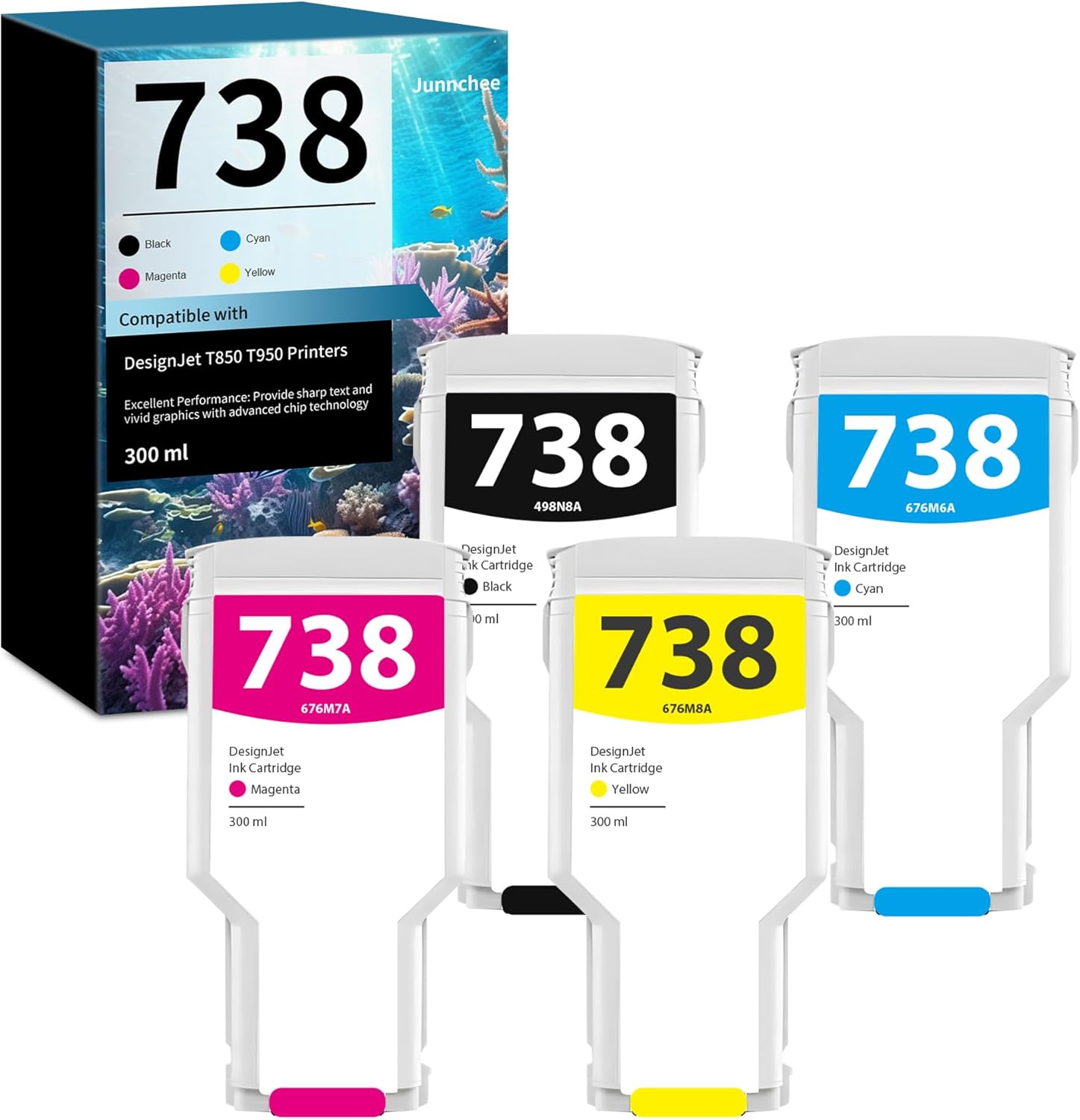 Junnchee 738 738XL Ink Cartridge (300-ml Matte Black/Cyan/Magenta/Yellow) Replacement for HP Designjet 738 Ink Cartridges for DesignJet T850 T950 Printer Ink, 498N8A 676M6A 676M7A 676M8A