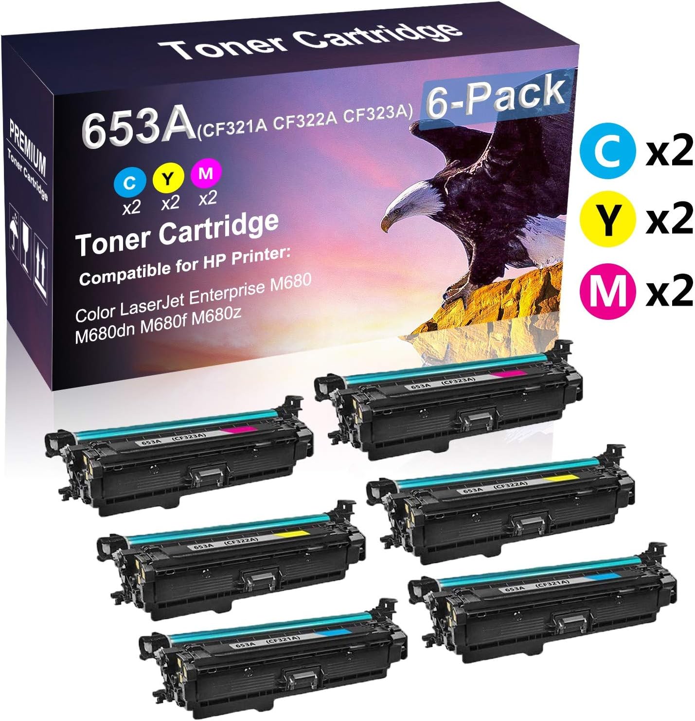 6 Pack (2C+2Y+2M) Compatible Laserjet Pro Enterprise M680dn M680f Imaging Toner Cartridge Replacement for HP 653A CF321A CF322A CF323A Laser Toner Cartridge(High Capacity)