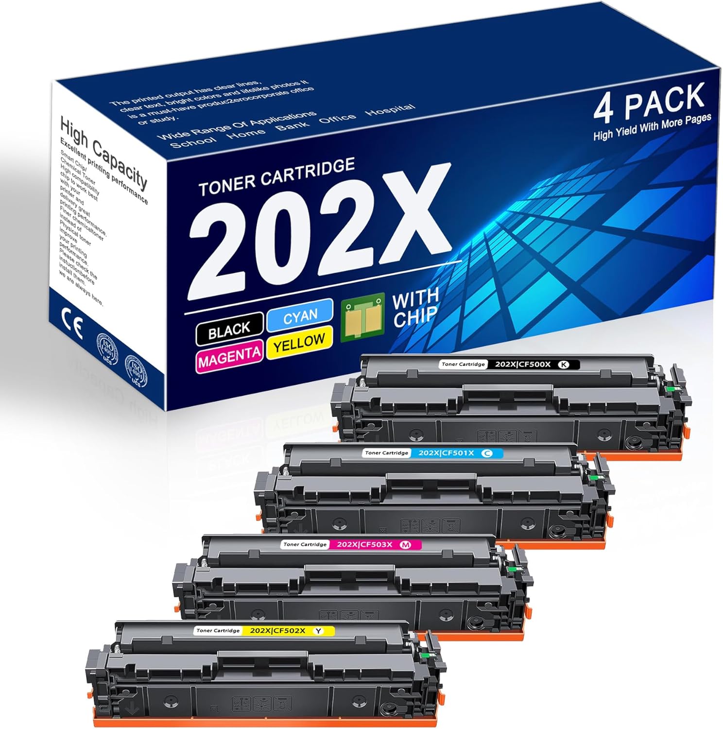 202X Toner Cartridges 4 Pack High Yield (with Chip) Replacement for HP 202X 202A Toner Cartridges to Use with Color Pro MFP M281fdw M281cdw M281dw M254 Printer | CF500X CF501X CF502X CF503X