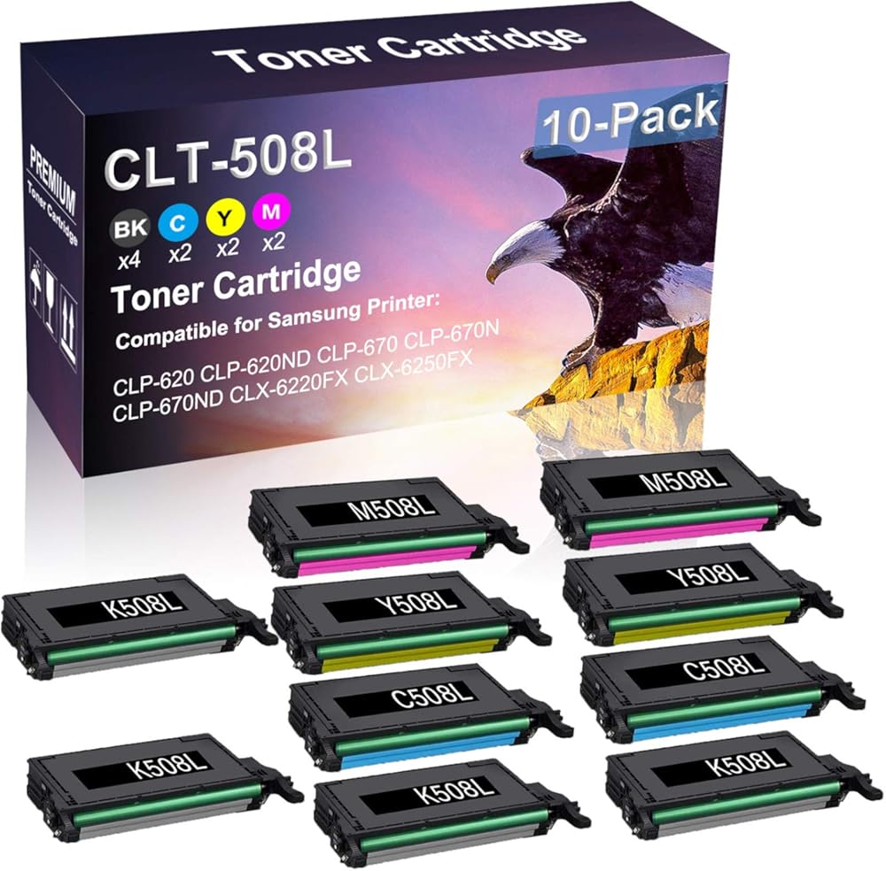 10 Pack (4BK+2C+2Y+2M) Compatible Laser Toner Cartridge (High Yield) Replacement for Samsung CLT-508L CLT-K508L CLT-C508L CLT-Y508L CLT-M508L Toner Cartridge use for Samsung CLP-670 CLP-670N Printer