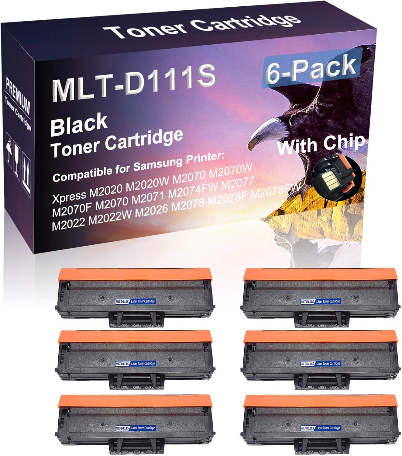 6 Pack (Black) with Chip Compatible Laser Printer Cartridge (High Yield) Replacement for Samsung MLT-D111S D111S Imaging Cartridge for Samsung Xpress M2022 M2022W M2026 M2078 M2078F M2078FW Printer