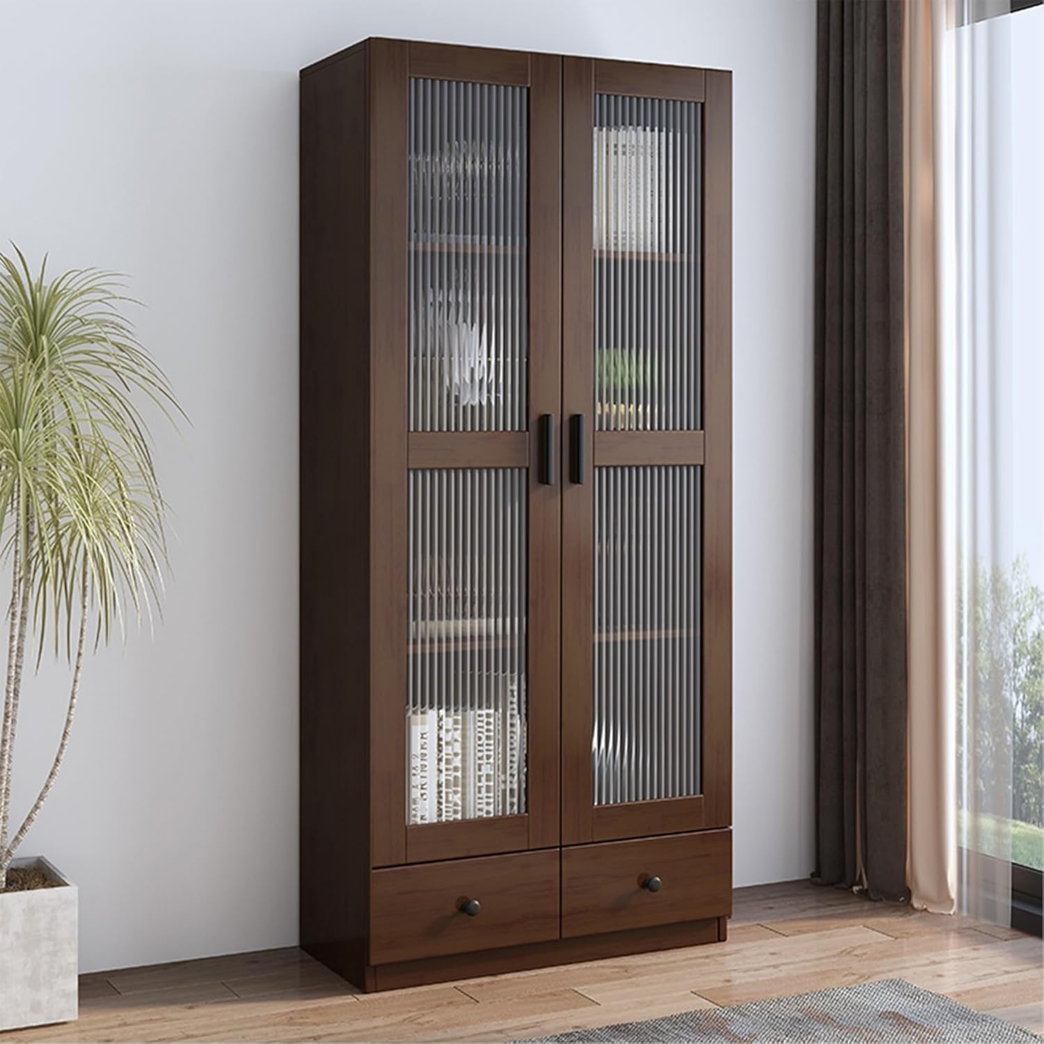 Fukory Solid Rubberwood Bookcase with Fluted Glass Doors, 72