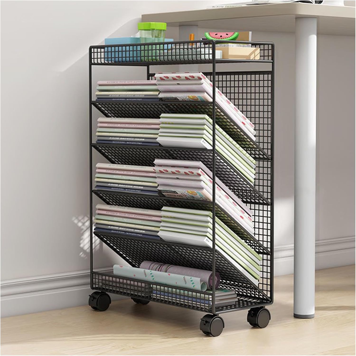 Movable Bookcase with Wheels, Metal Multfunctional Rotating Bookshelf, 6-Layer Open Storage Organizer Rack for Office, Living Room, Bedroom, School