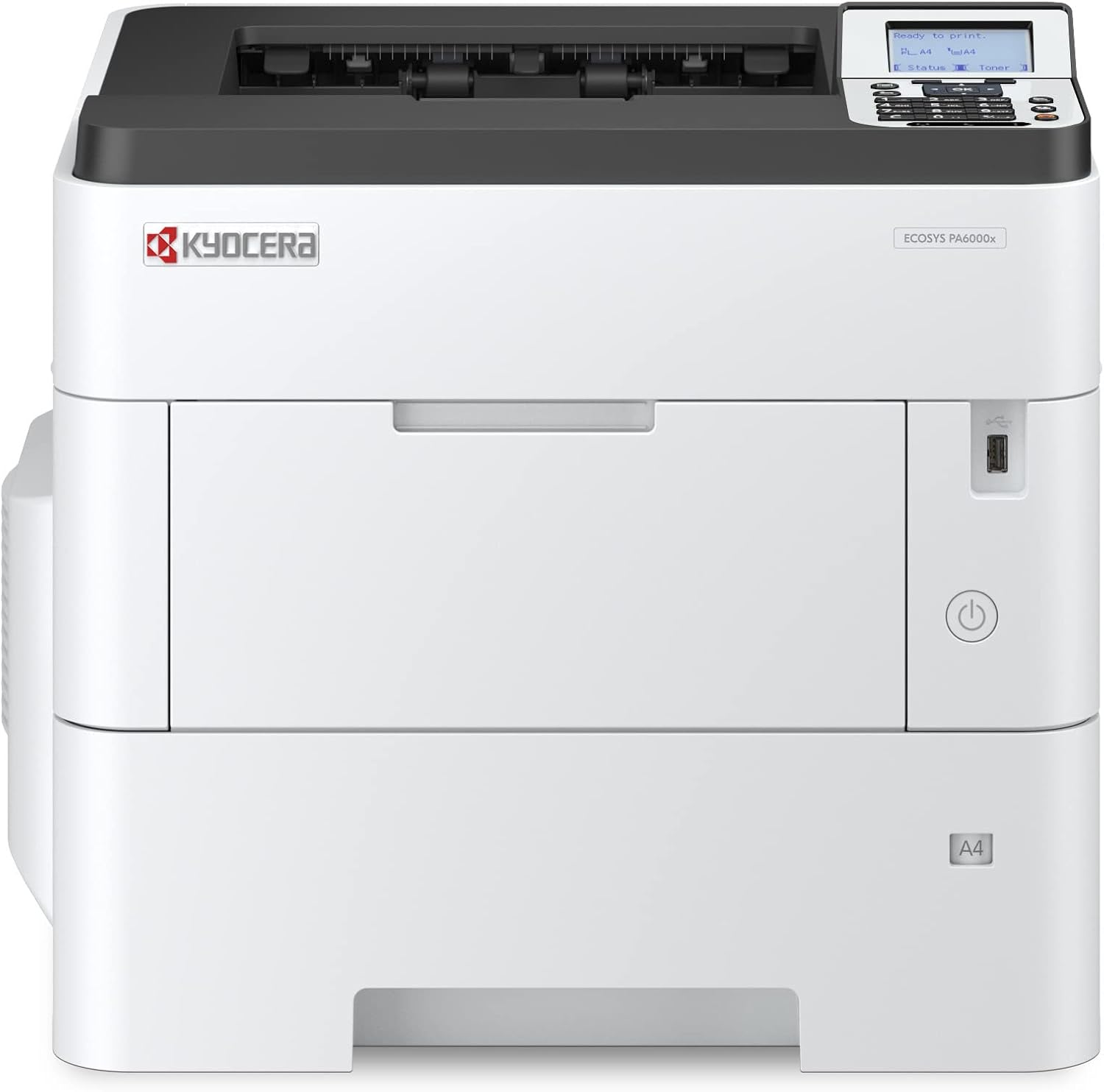 KYOCERA ECOSYS PA6000x Monochrome Laser Printer, 62 ppm, 600 x 600 dpi and Up to Fine 1200 dpi, 600 Sheet Tray, 100 Sheet MPT, Duplex, 5 Line LCD w/Hard Key Panel, Gigabit Ethernet, USB, 512 MB