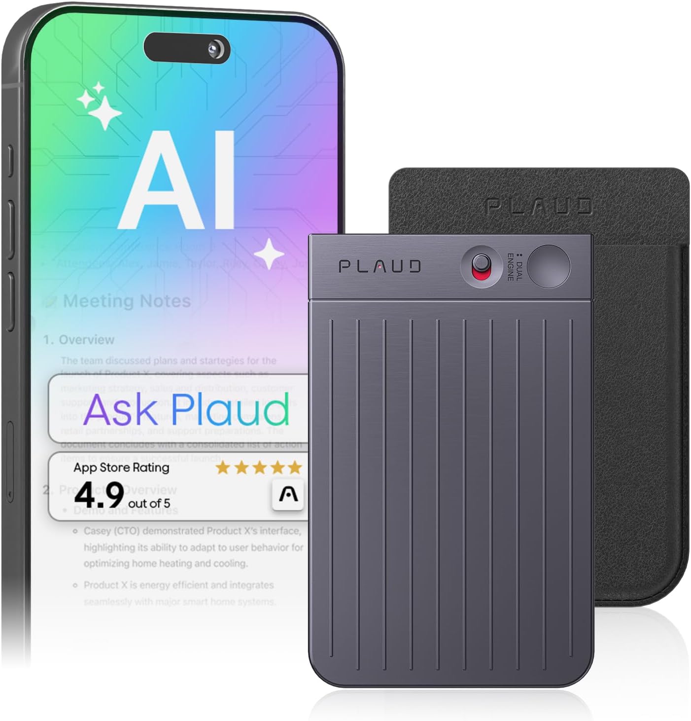 Plaud Note AI Voice Recorder, Voice Recorder w/Case, App Control, Transcribe & Summarize with AI Technology, Support 112 Languages, 64GB Memory, Audio Recorder for Lectures, Meetings, Calls, Black