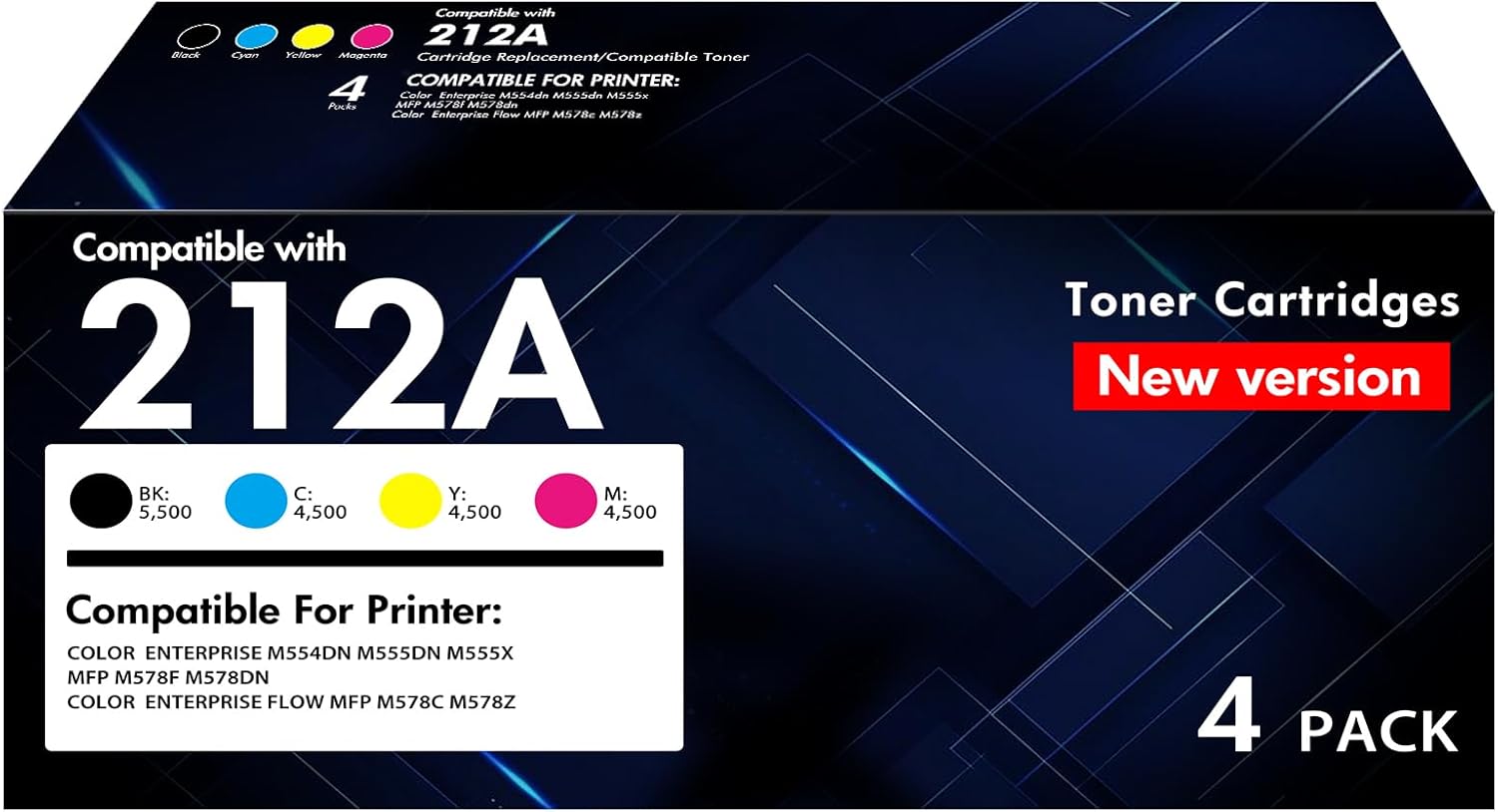 212A 212X Toner Cartridges 4 Pack (with Chip) Compatible for HP 212A 212X W2120A W2120X for HP Color LaserJet Enterprise M555dn M554dn M555x M555 M554 Series Printer Ink (New Version-BK/C/Y/M)