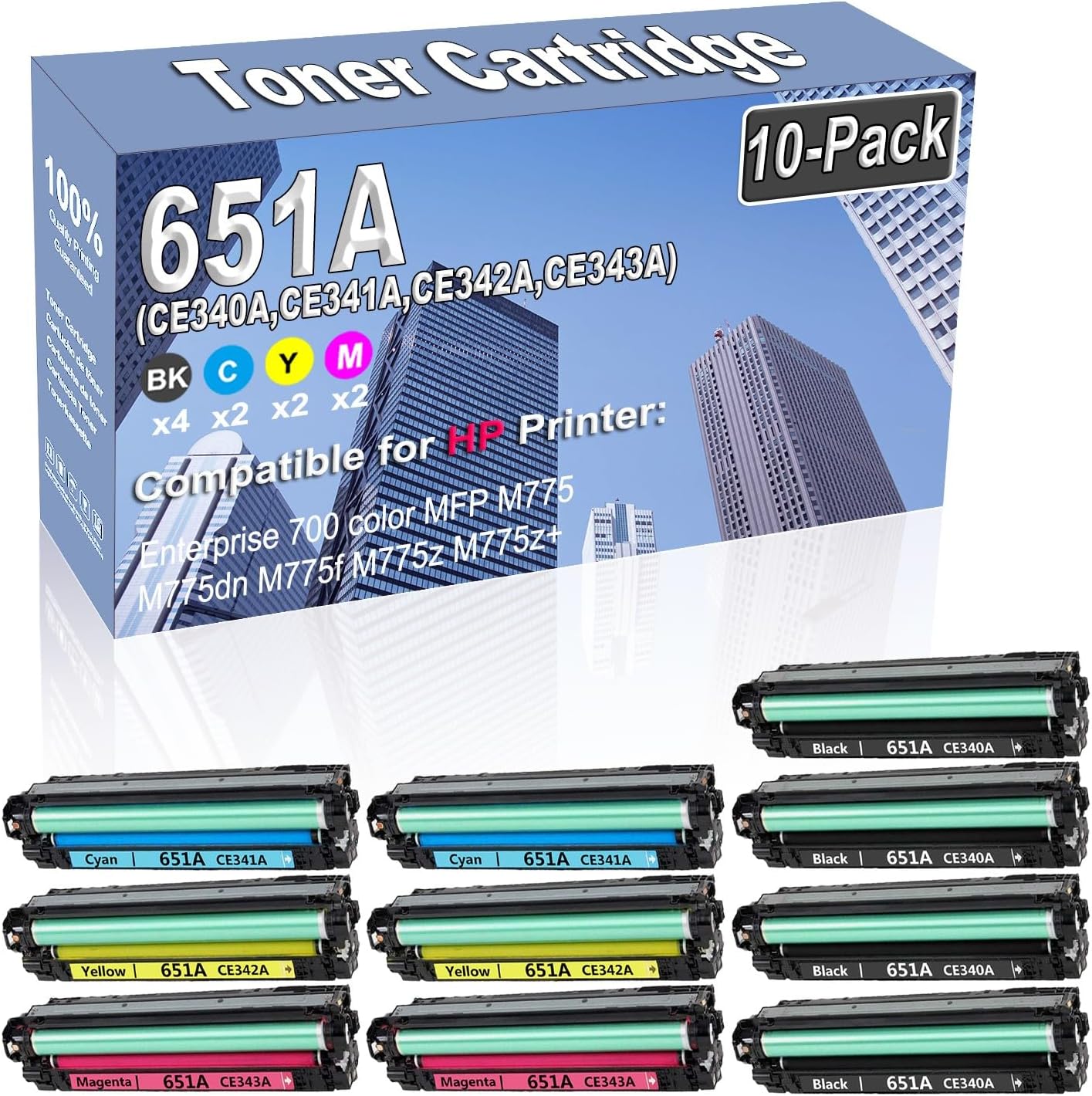 10-Pack (4BK/2C/2Y/2M) Compatible High Capacity 651A (CE340A CE341A CE342A CE343A) Toner Cartridge Used for HP Enterprise 700 Color MFP M775 M775dn M775f M775z M775z+ Printer