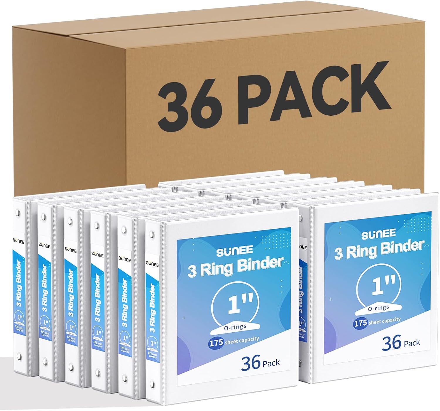 SUNEE White Binders 1 Inch 36 Pack Bulk, Clear View 3 Ring Binders PVC-Free (Fit 8.5x11 Inches) for School or Office Supplies