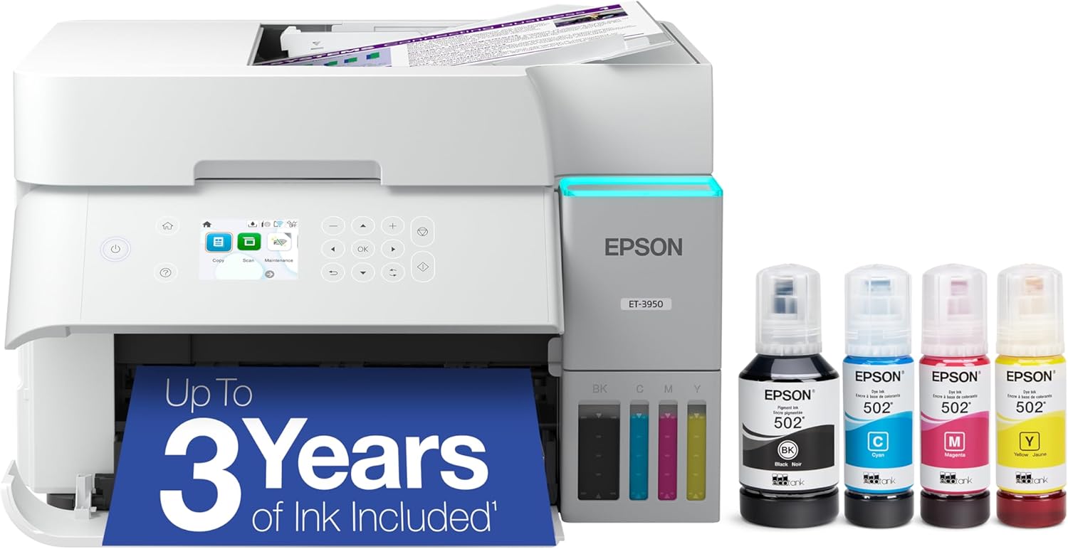 Epson EcoTank ET-3950 Wireless All-in-One Color Supertank Printer with up to 3 Years of Ink Refillable Tanks, Perfect for Home Office, 18 PPM, 2.4' Colorful Touchscreen, Auto Document Feeder - White
