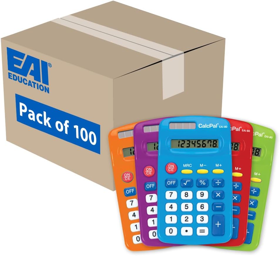 EAI Education CalcPal EAI-80 Basic Solar Calculator, Dual-Power for School, Home or Office: Assorted Colors - Bulk Set of 100