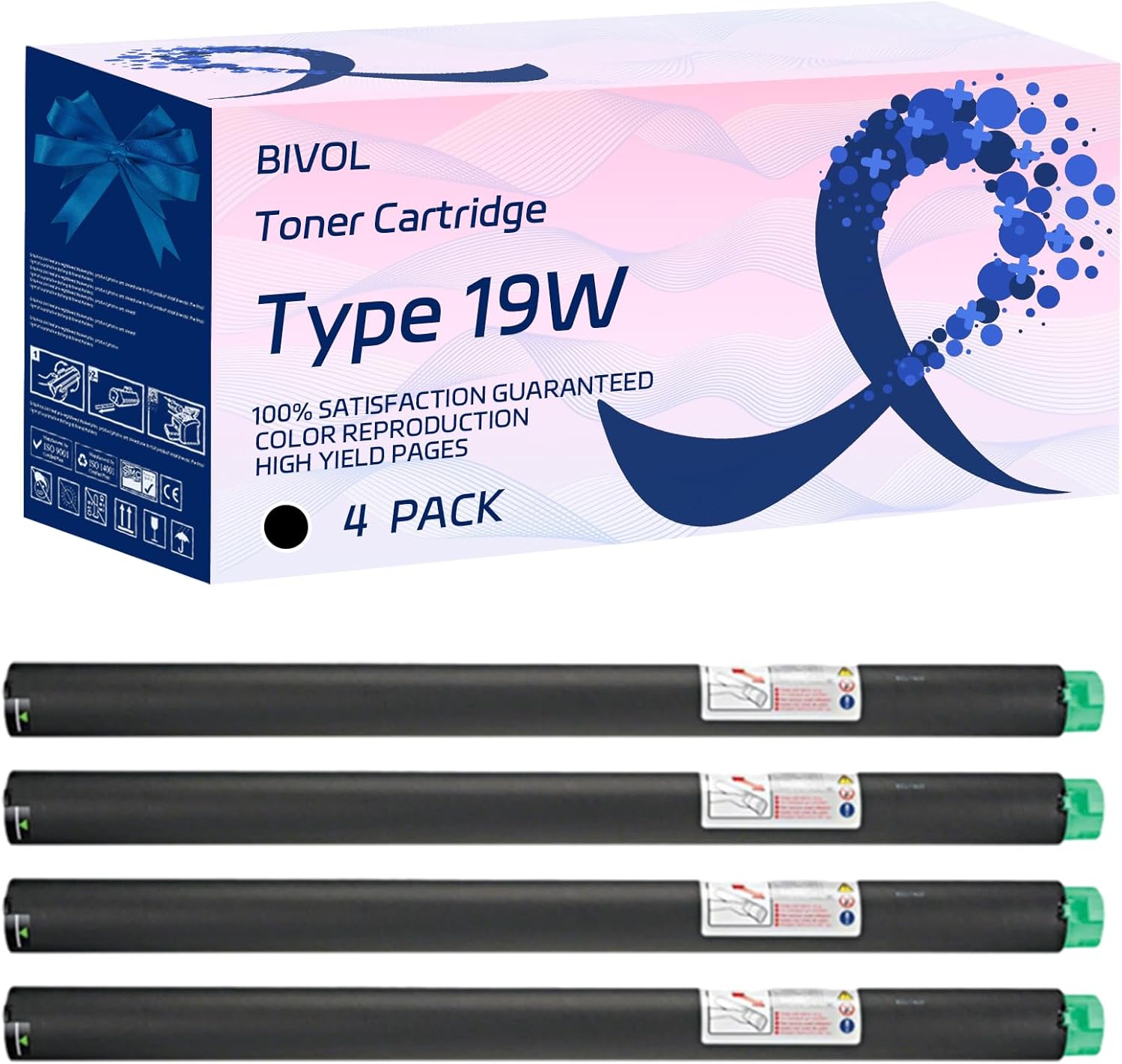 BIVOL Type 19W Toner Cartridge Compatible for Ricoh Imagio Wide 6020 7040 imagio MP W2400 W2400SP W2401 Printers, with Chip, High Yield 36000 Pages, Vivid Colors (4 Pack Black)