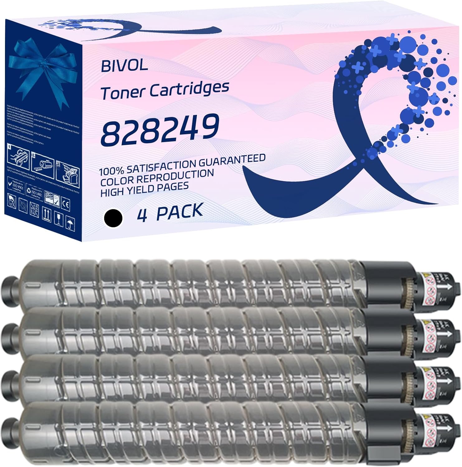 BIVOL 828249 828252 828251 828250 Toner Cartridges Compatible for Ricoh Pro C901 C901S Printers, with Chip, High Yield 73000 Pages, Vivid Colors (4 Pack Black)