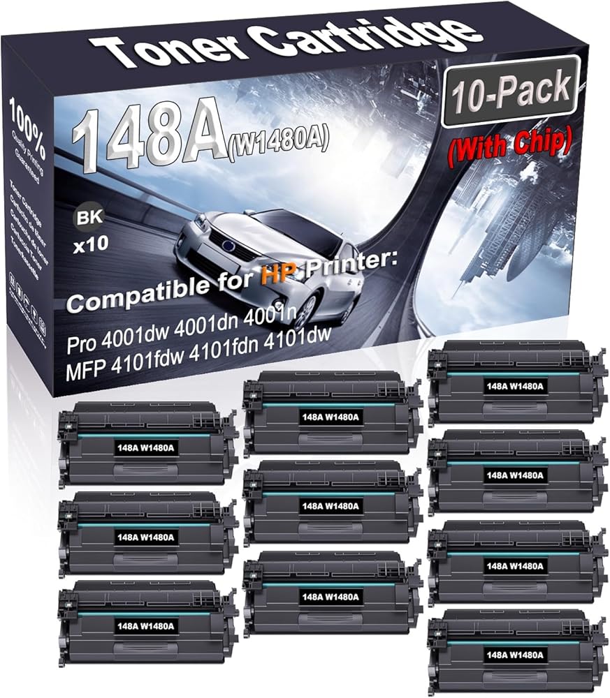 10-Pack (Black) Compatible High Yield 148A W1480A (with Chip) Printer Cartridge use for HP Pro 4001dw 4001dn 4001n MFP 4101fdw 4101fdn 4101dw Printer