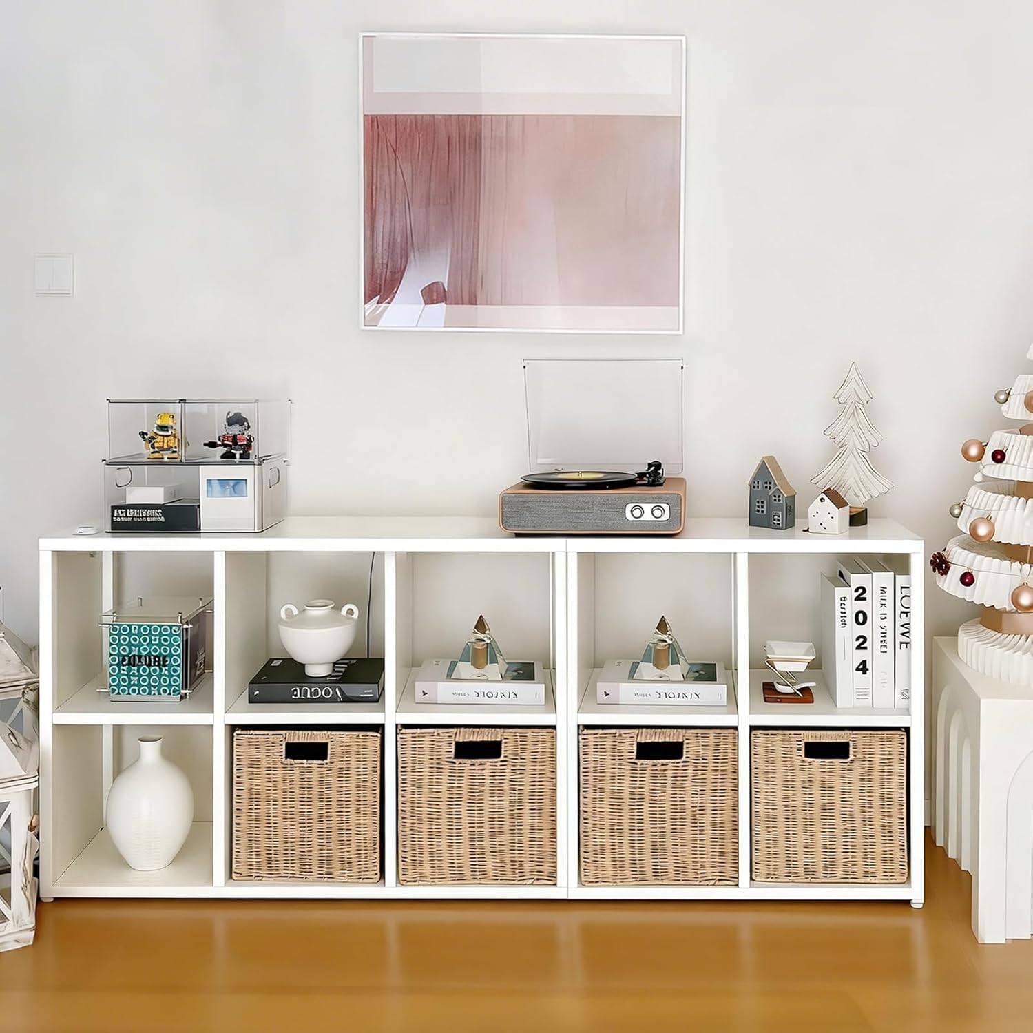 IRONMIX White Cube Storage Organizer with 4 Storage Basket, Metal Short Bookshelf with Storage, 2 Tier Horizontal Bookshelf, Small Cube Bookcase for Home Office Library (White, 700+1037 with Basket)