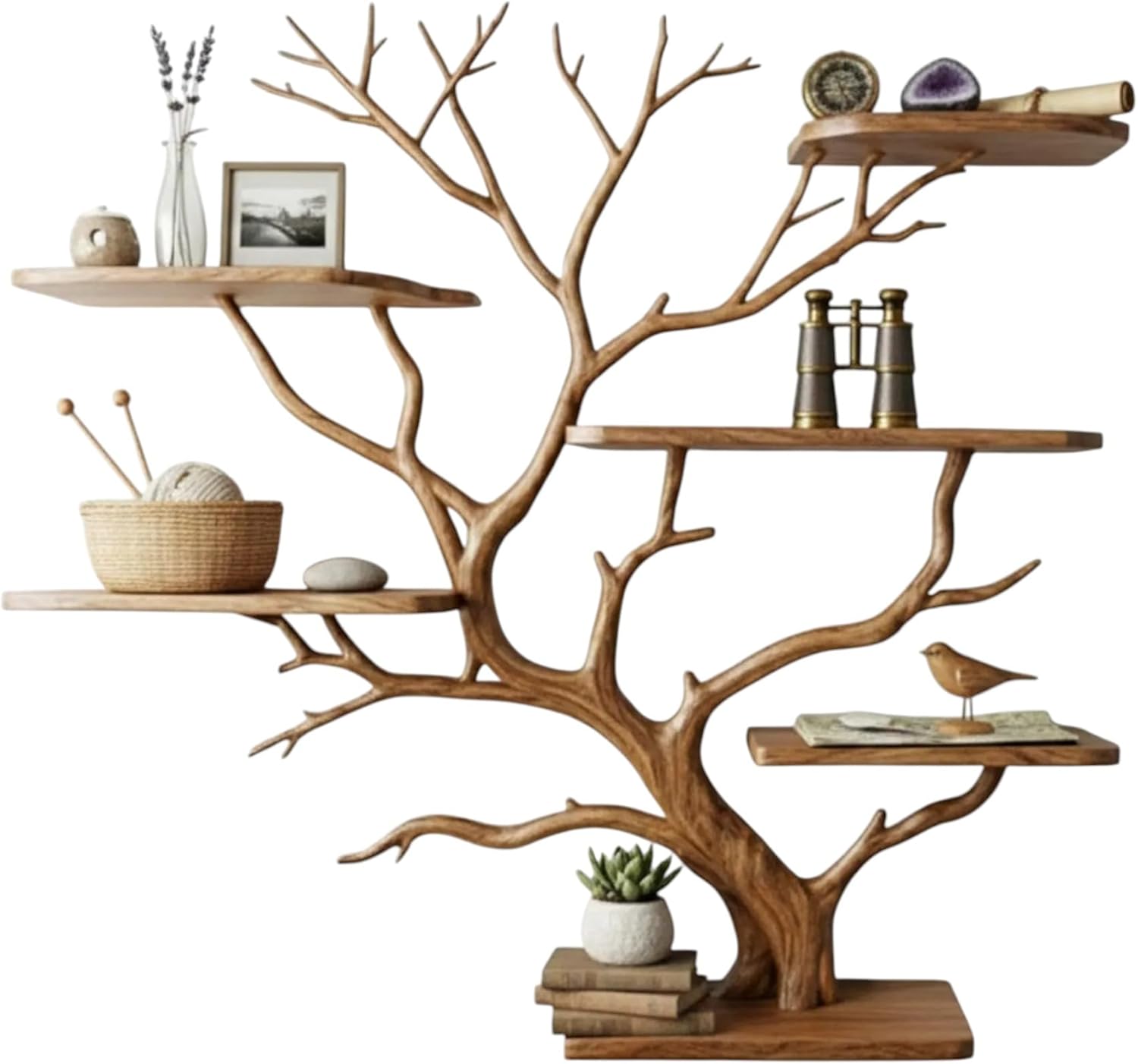 Zikako Tree Branch Floating Bookshelf, Handcrafted Reclaimed Solid Wood Wall Mounted Bookcase, Rustic Driftwood Art Furniture Decor for Living Room or Bedroom