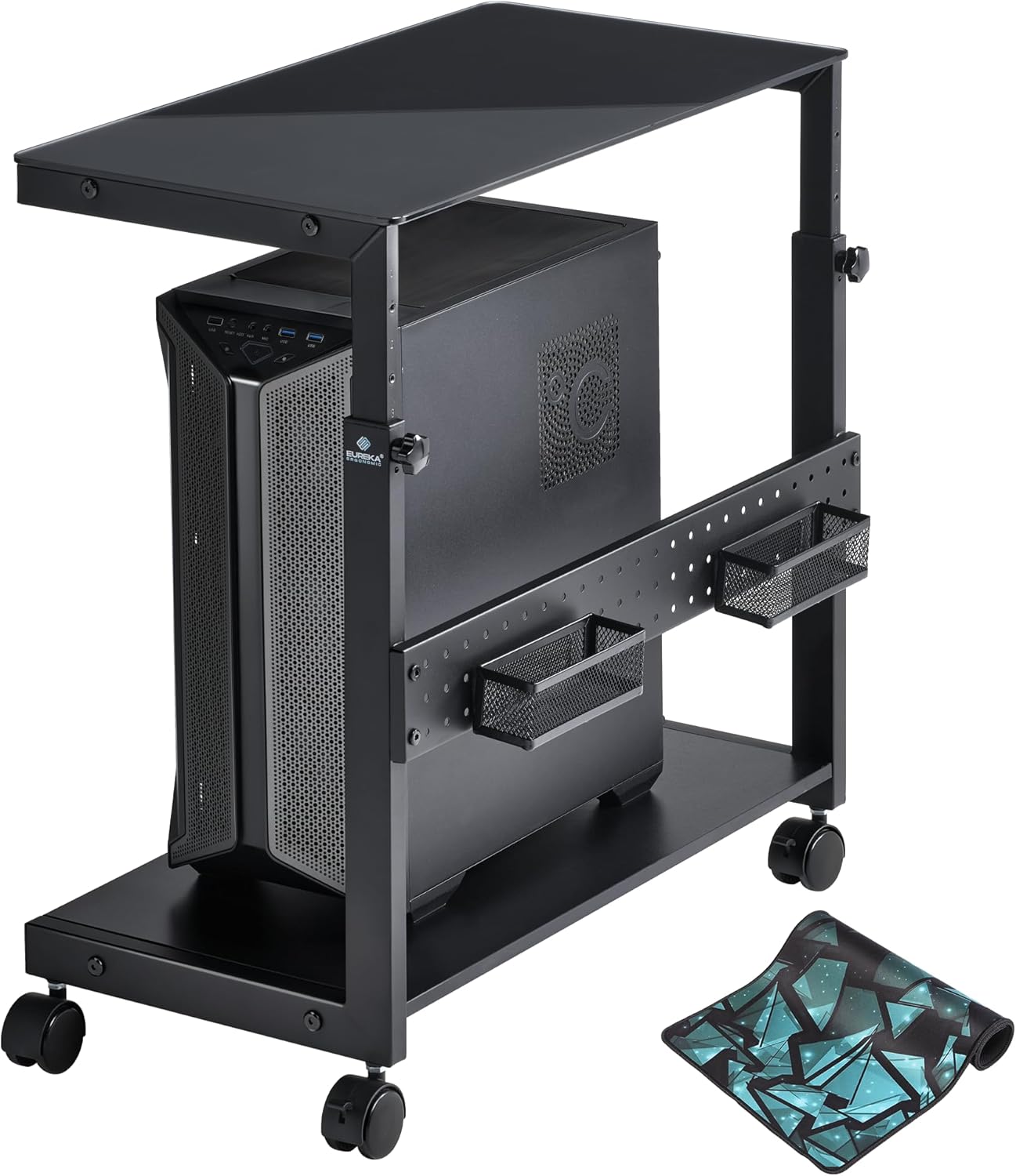 EUREKA ERGONOMIC PC Stand Computer Cart Frosted Glass, Height Adjustable Tower Stand 2-Tier Suit for ATX Case Printer, Metal Rolling Cart on Wheels for Gaming Home Office, Black