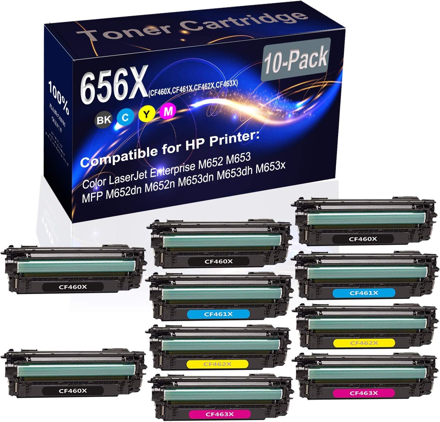 10-Pack (4BK+2C+2Y+2M) Compatible M652 M653 Laser Printer Toner Cartridge (High Capacity) Replacement for HP 656X (CF460X CF461X CF462X CF463X) Printer Toner Cartridge