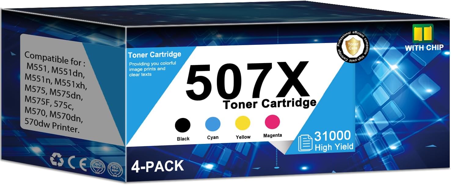 【507X Toner Cartridge】 high Yield Replacement for HP 507X CE400X for M551 M551dn M551n M551xh M575 M575dn M575F 575c M570 M570dn 570dw Printer (4-Pack, Black, Cyan, Yellow, Magenta)