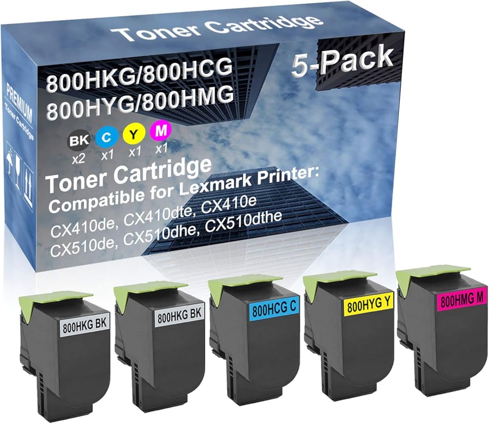 5-Pack (2BK+C+Y+M) Compatible High Yield 800HKG+ 800HCG+ 800HYG+ 800HMG Laser Printer Toner Cartridge Used for CX510dhe, CX510dthe Printer