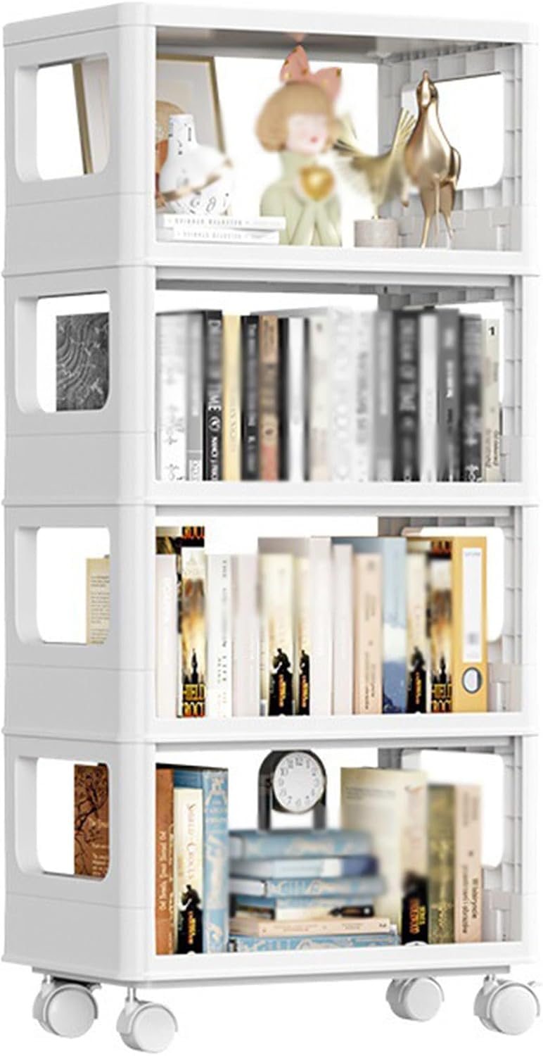 LOKORI 4-Tier Bookshelf Storage Shelves,Bookcase Display Rack with Wheels, Modern Rolling Shelf Freestanding Open Book Shelves for Bedroom Living Room,A