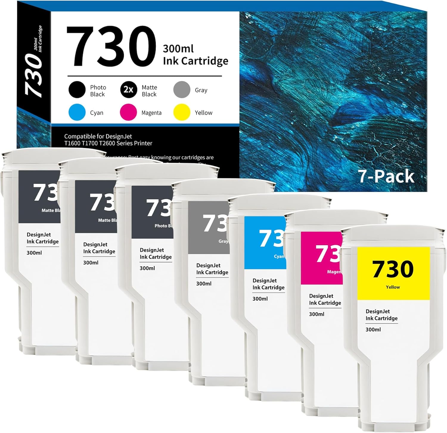 RumbaRex 730 Ink Cartridges 300ml High-Capacity 7-Pack (2 MK/PK/G/C/M/Y) P2V68A P2V69A P2V70A P2V71A P2V72A P2V73A Replacement for HP 730 Ink Cartridge for DesignJet T1600 T1700 T2600 Printer Ink