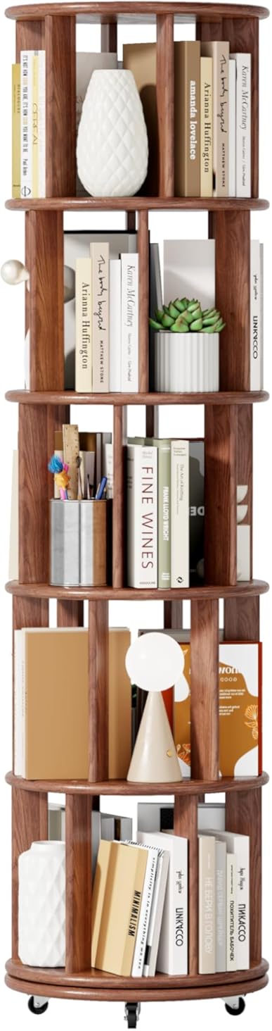 BYCDD Rotating Spinning Bookshelf Tower for Kids, Round Revolving Bookcase with Wheels, Narrow Rolling Bookshelves for Small Space Corner Bedroom Office Organization and Storage,5Tier