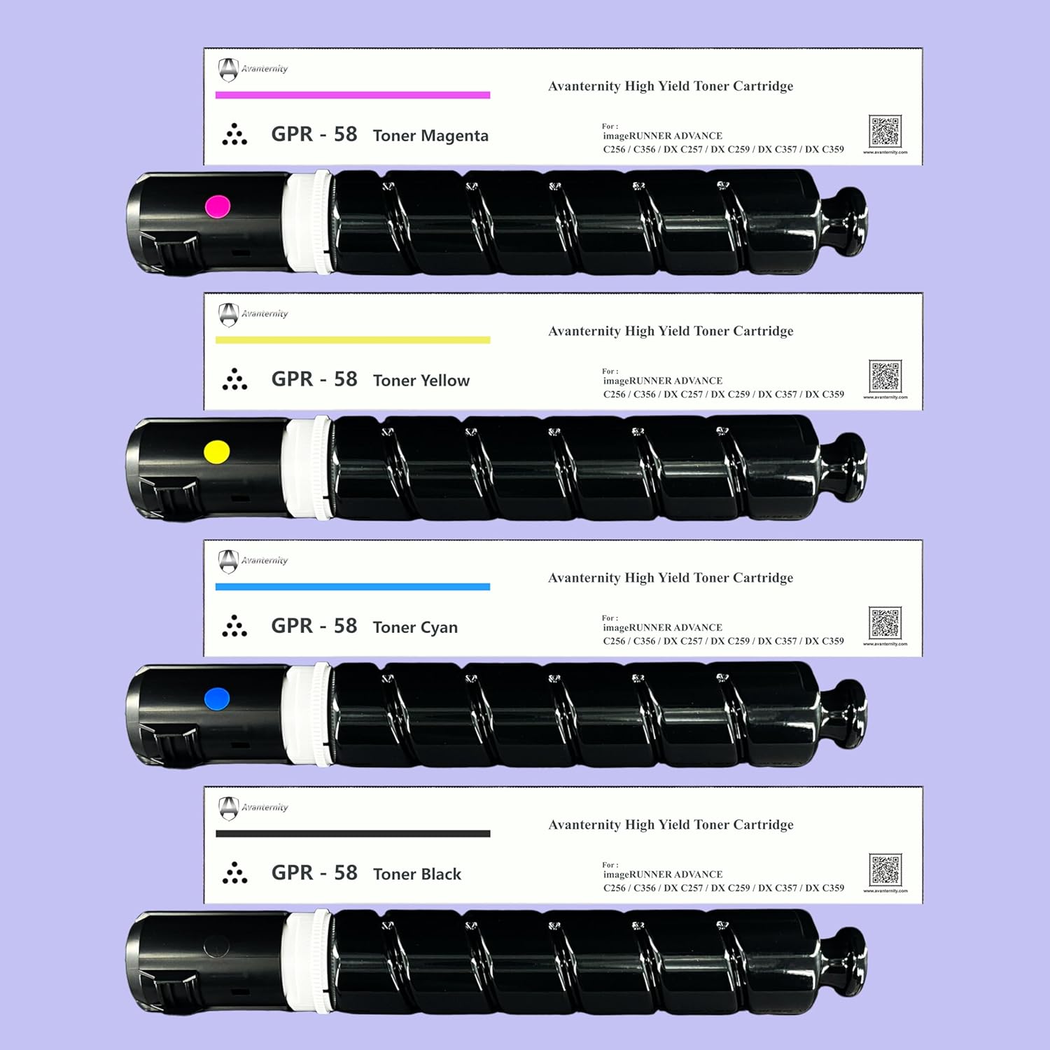 Avanternity High Yield Toner Cartridge, Replacement for Canon GPR-58 GPR58 Toner, 2182C003, 2183C003, 2184C003, 2185C003 (Set of 4 Packs - 1 Black, 1 Yellow, 1 Magenta, 1 Cyan)
