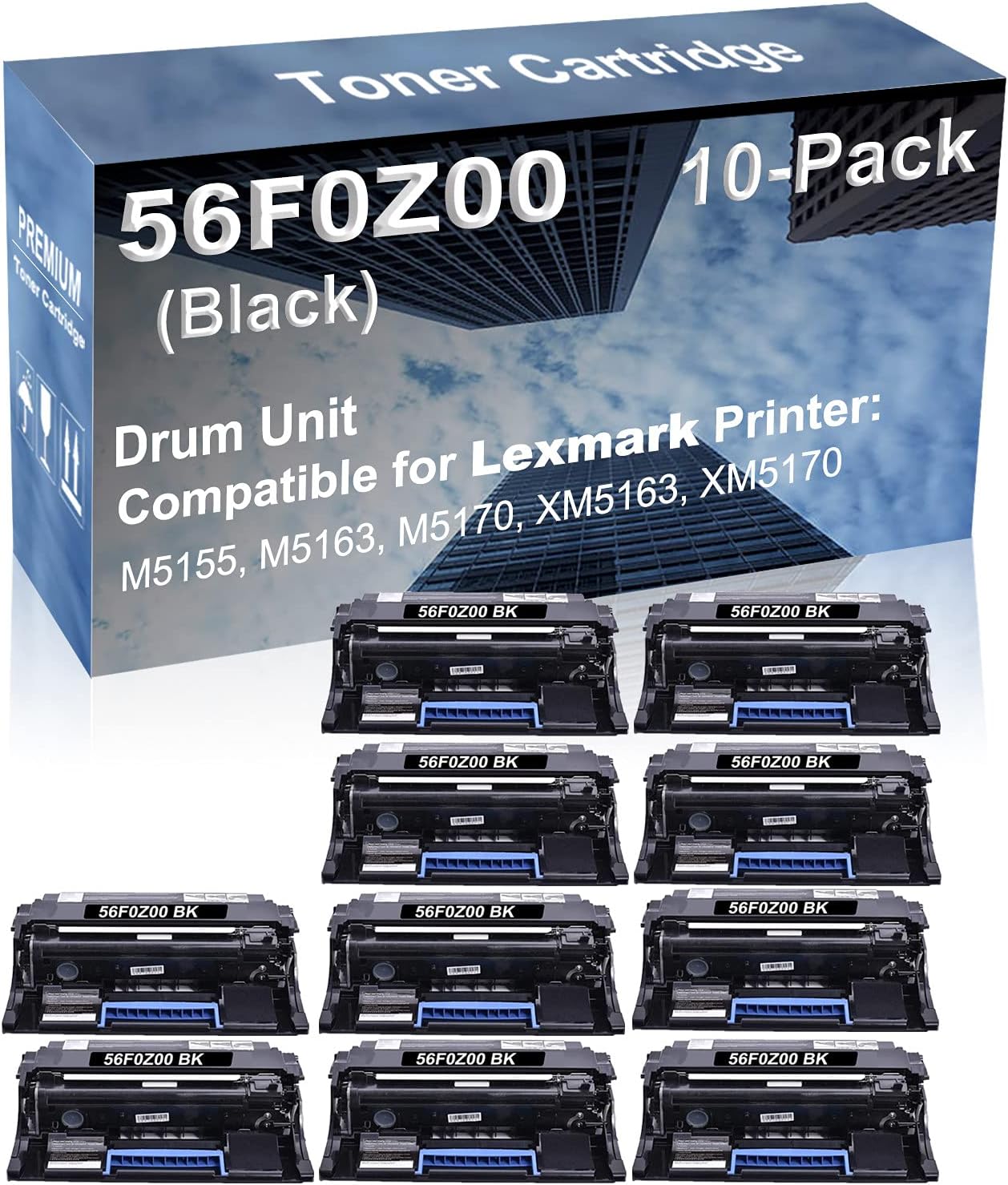 10-Pack Compatible High Yield M5155, M5163, M5170, XM5163, XM5170 Printer Cartridge Replacement for Lexmark 56F0Z00 Drum Kit