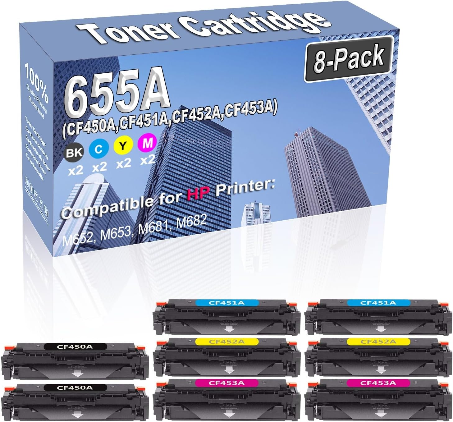 8-Pack (2BK/2C/2Y/2M) Compatible High Capacity 655A (CF450A CF451A CF452A CF453A) Toner Cartridge Used for HP M652 M653 M681 M682 Printer