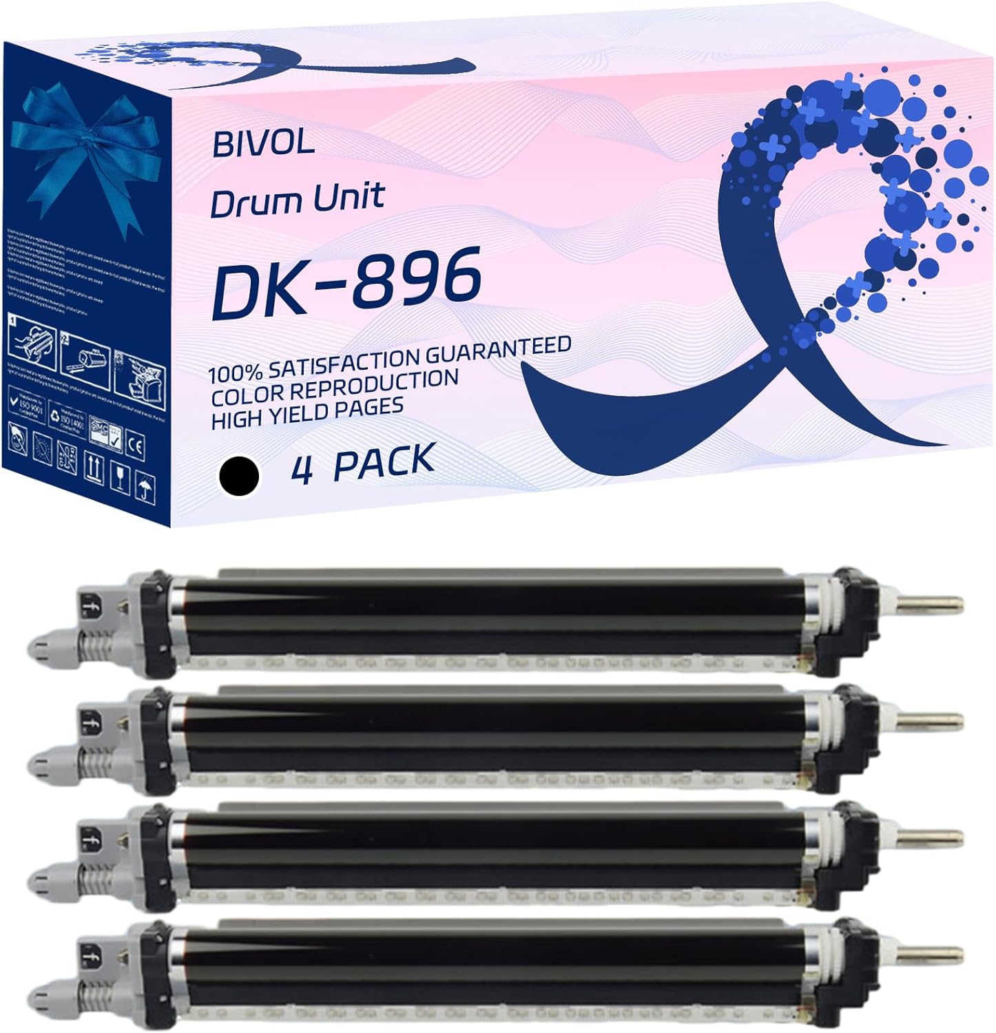 BIVOL DK-896 Drum Unit Compatible for Kyocera FS-C8525MFP FS-C8520MFP Printers, with Chip, High Yield 300000 Pages, Vivid Colors (4 Pack Black)