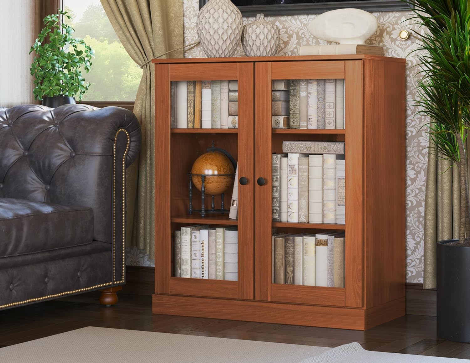 Palace Imports Solid Wood Bookcase - Floor Standing Bookshelf - 32” W - Display Furniture, Renewable 100% Eco-Friendly Wood, Made in Brazil (Mocha, Clear Glass Doors | 3-Shelf Short Bookcase)