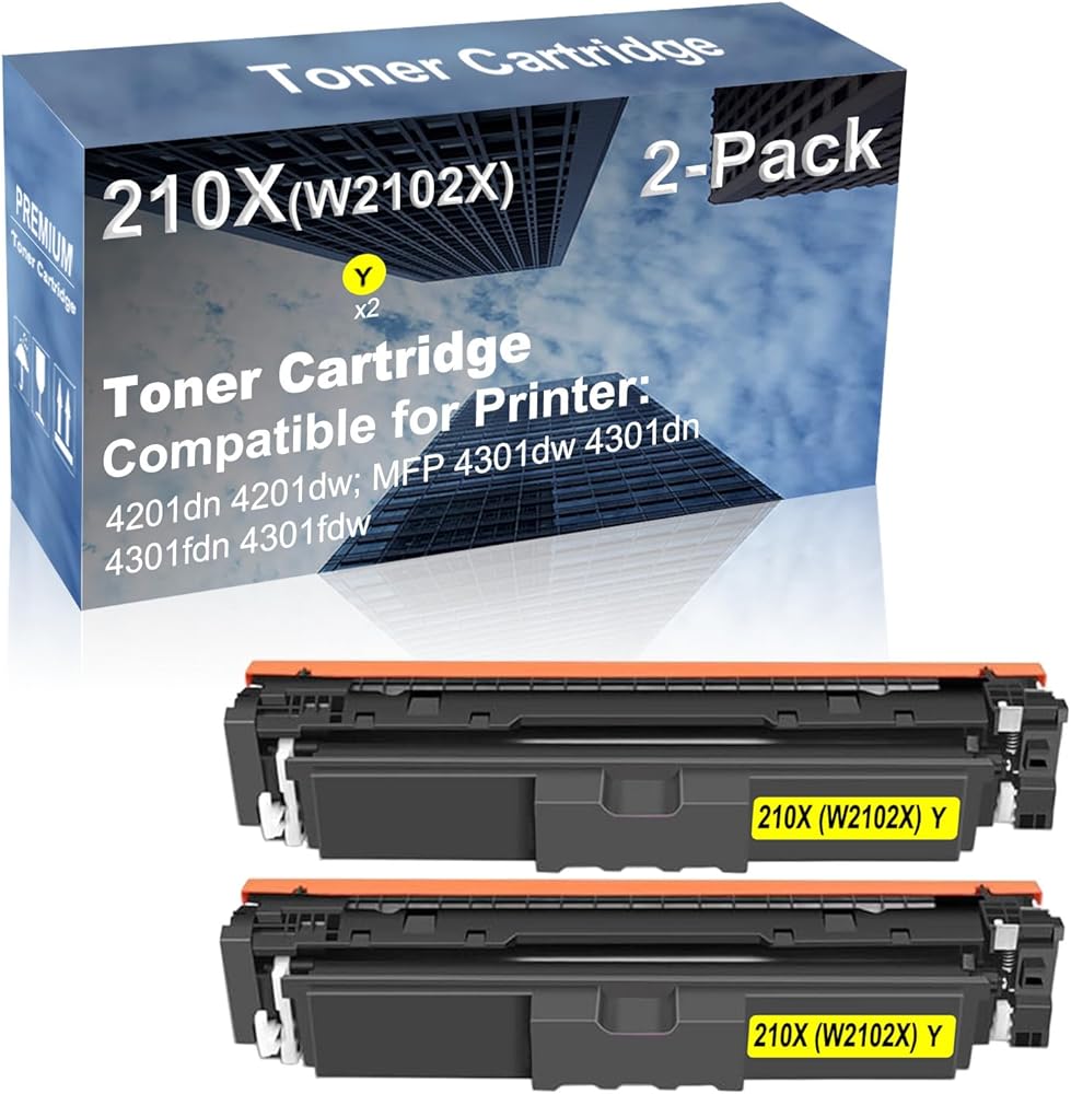 2-Pack (Yellow) Compatible High Capacity 210X (W2102X) Toner Cartridge use for 4201dn 4201dw; MFP 4301dw 4301dn 4301fdn 4301fdw Printer (with Chip)