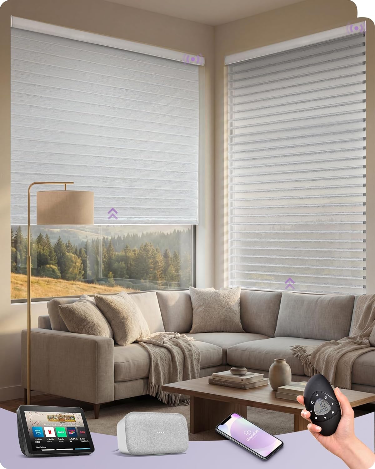 Graywind Motorized Shangrila Shades Compatible with Alexa Google Remote Control Rechargeable Cordless Privacy Blinds with Valance for Smart Home Office, Customized Size (Jacquard White)