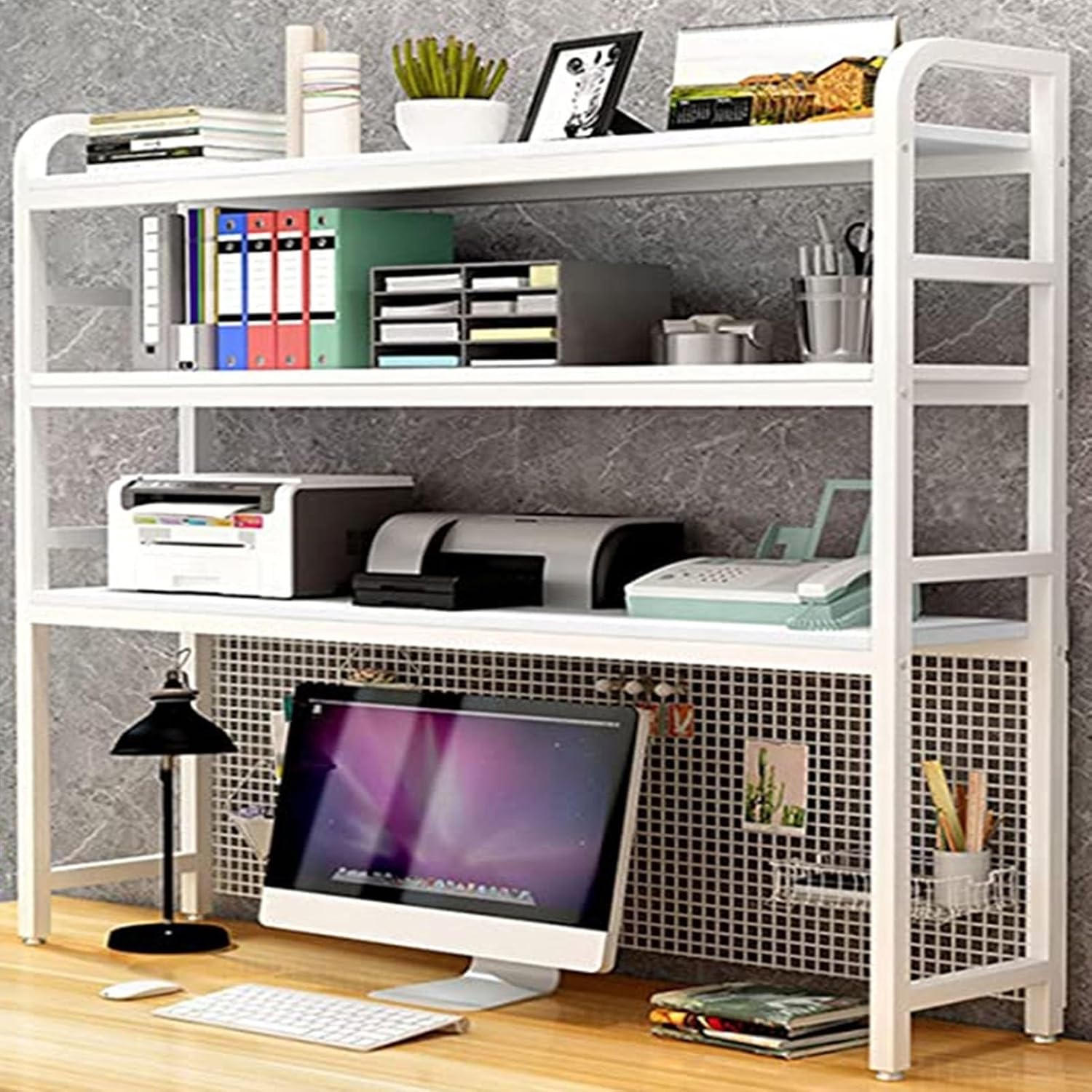 FATECT 3 Tier Desktop Bookcase for Computer Desk - Adjustable Wood Metal Countertop Hutch Bookshelf, Desktop Storage Organizer Display Shelf, Office Storage Rack, for Dorm Office Home