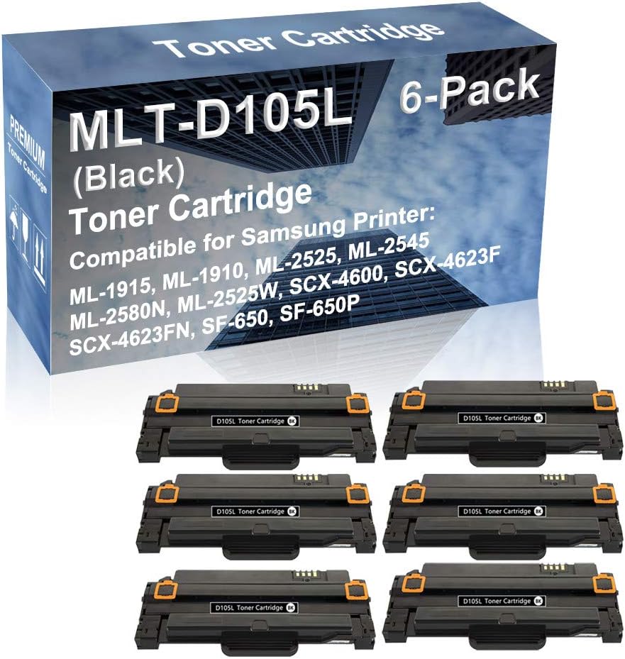 6-Pack Compatible High Capacity MLT-D105L Printer Cartridge use for ML-2580N ML-2525W SCX-4600 SCX-4623F Printer (Black)